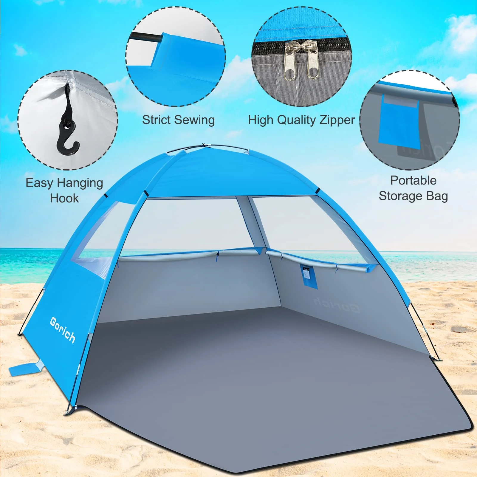 Gorich Beach Tent for 3-Person - UPF50+ Easy Setup Sun Shelter Canopy - for Camping, Hiking, Fishing, Outdoor (Skyblue) - Cheap Fitting
