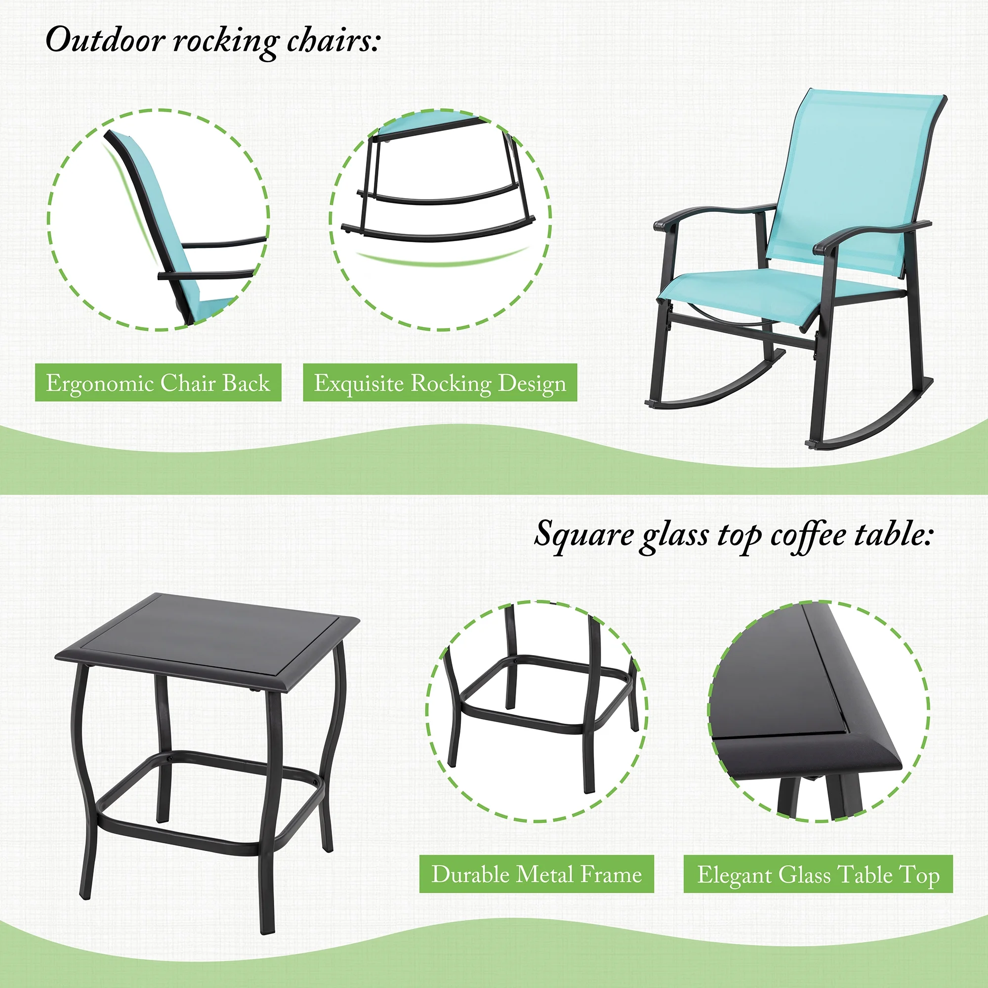 Futzca  3 Piece Rocking Bistro Set, Outdoor Furniture with Rocker Chairs and Galss Coffee Table Set - N/A Light Grey - Cheap Fitting