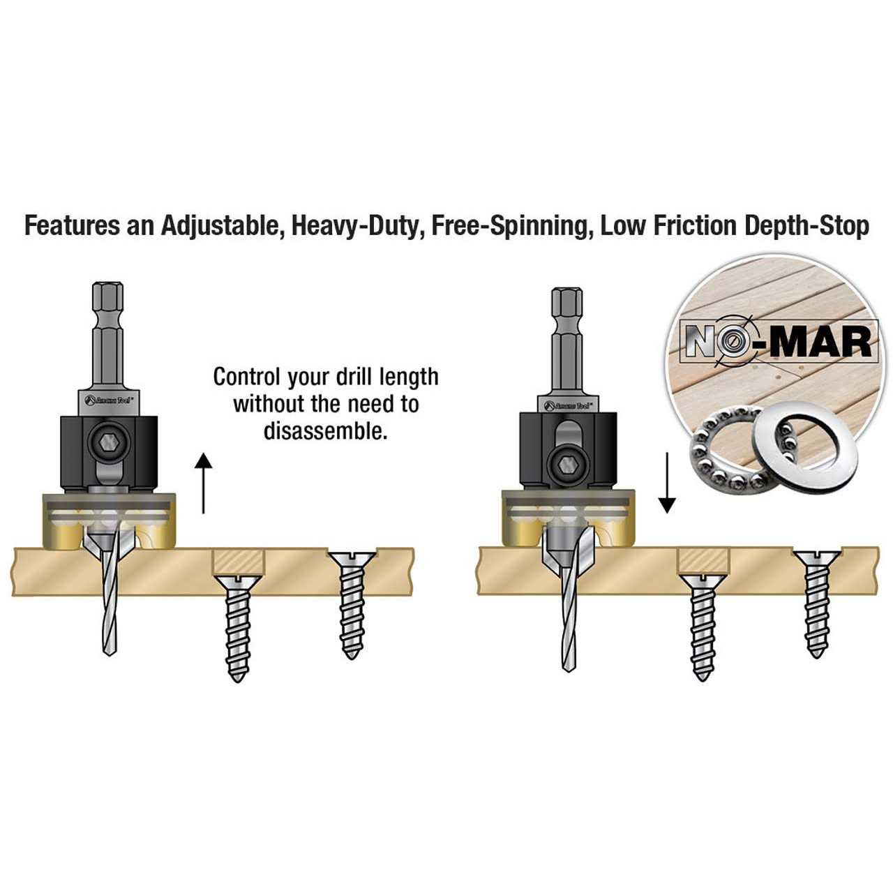 Amana Tool Amana AMS-621 3-Pc Carbide Tipped Countersink with Adjustable Depth Stop and No-Thrust - Cheap Fitting