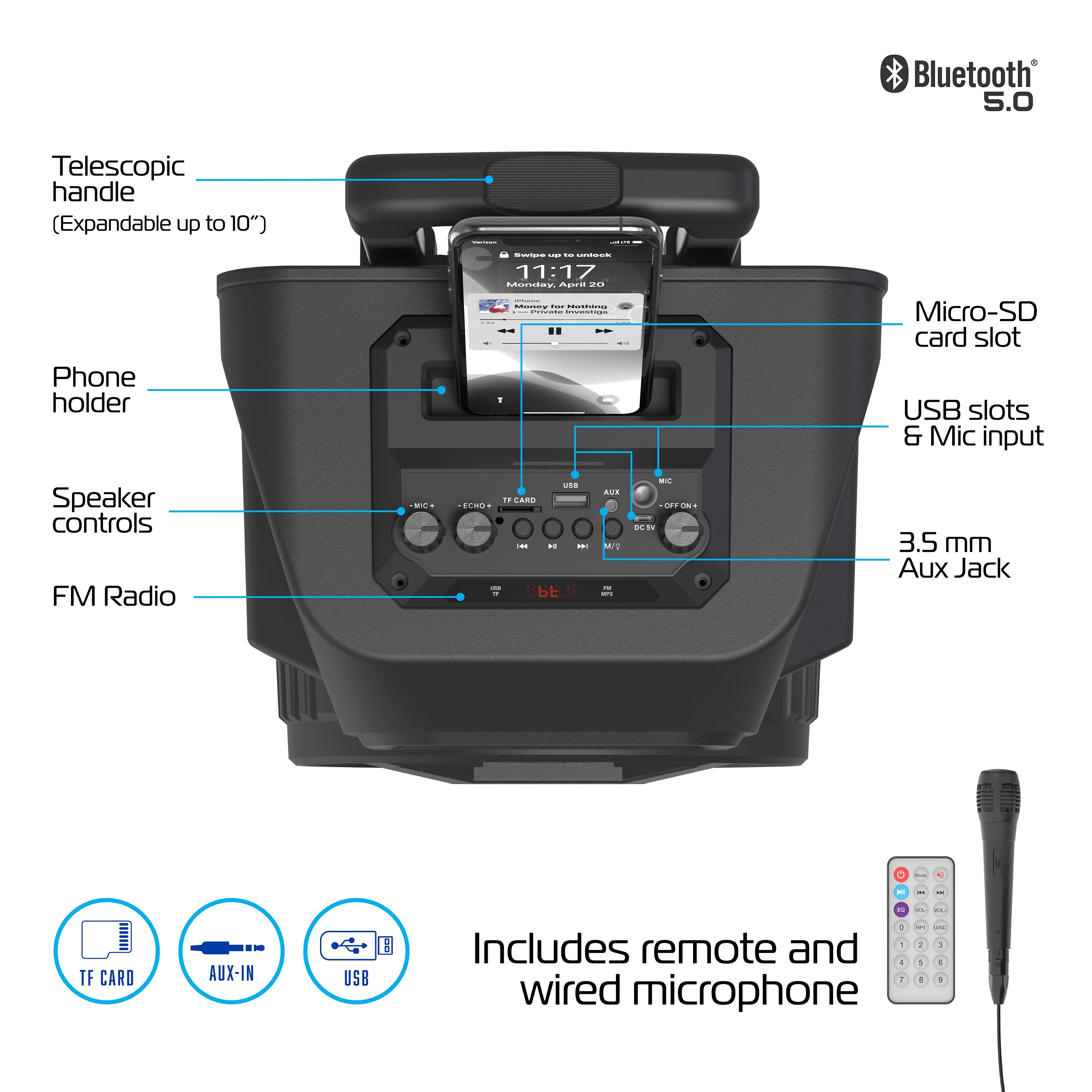 MegaBass LED Jobsite Speaker, Rechargeable Bluetooth Party Speaker with 8in. Subwoofer and Microphone - Cheap Fitting