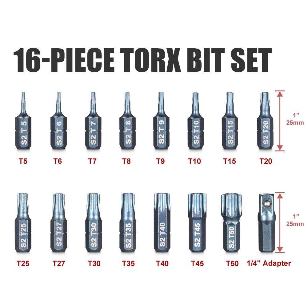 ARUCMIN 16-Piece Security Torx Bit Set T5-T50 Tamper Resistant Star Bits Set S2 Steel with a 1/4 Adaptor - Cheap Fitting