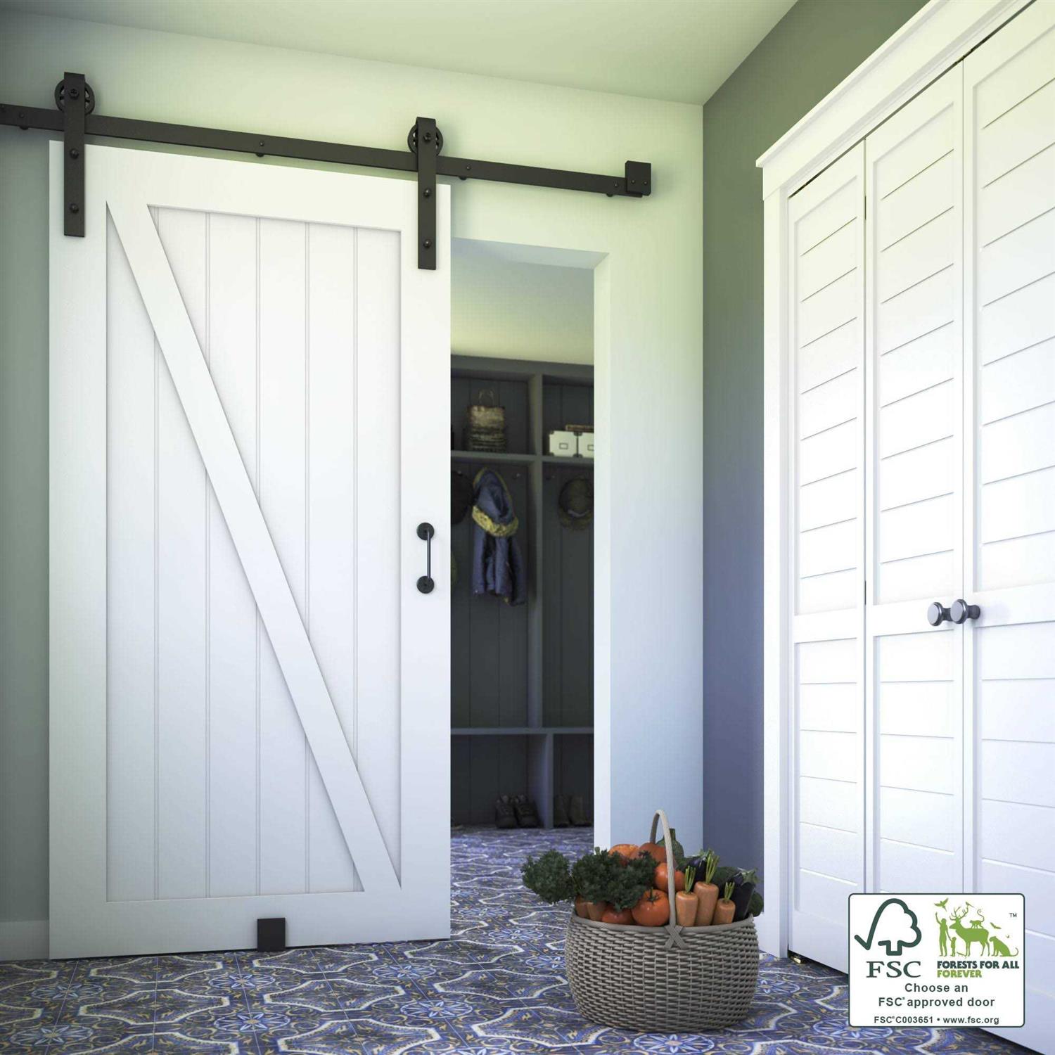 EightDoors Z-Shape White Primed Solid Wood Core Barn Door - Cheap Fitting