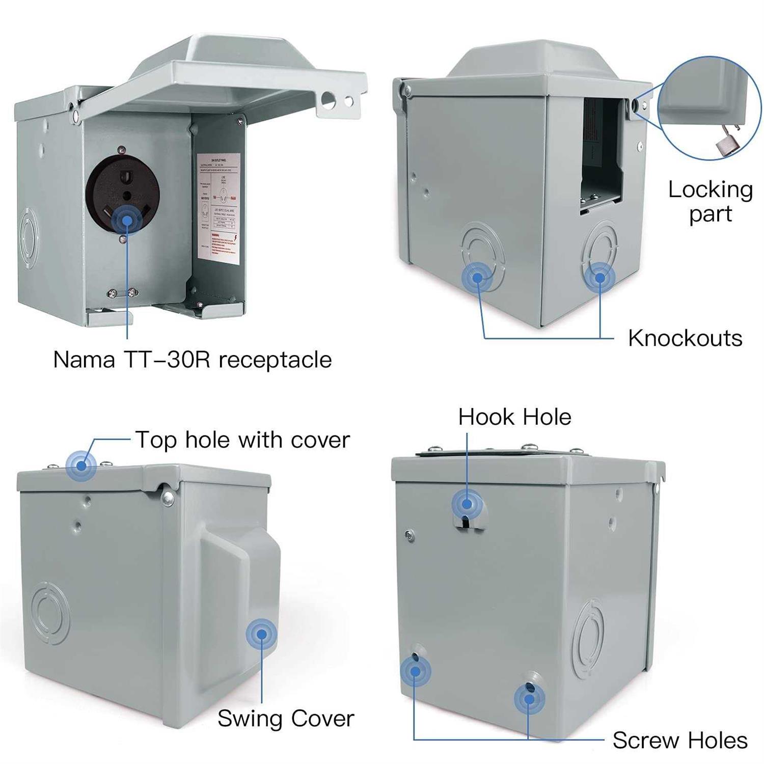 30 Amp 125 Volt Rv Power Outlet Box Enclosed Lockable Weatherproof Nema Tt-30R Outdoor Electrical Receptacle Panel - Cheap Fitting