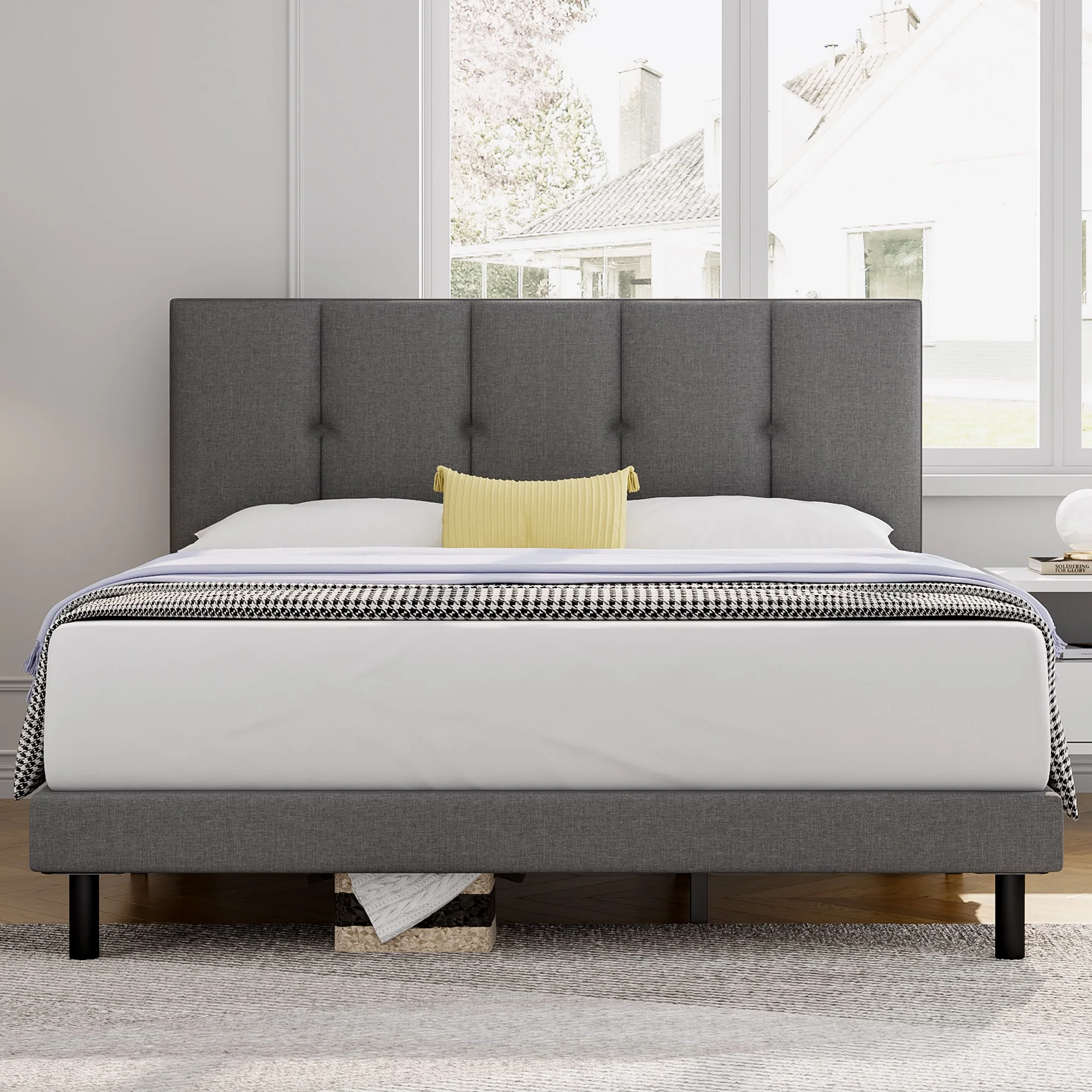 Queen bed, HAIIDE Queen Size Platform Bed Frame with Fabric Upholstered Headboard, No Box Spring Needed, Dark Grey - Cheap Fitting