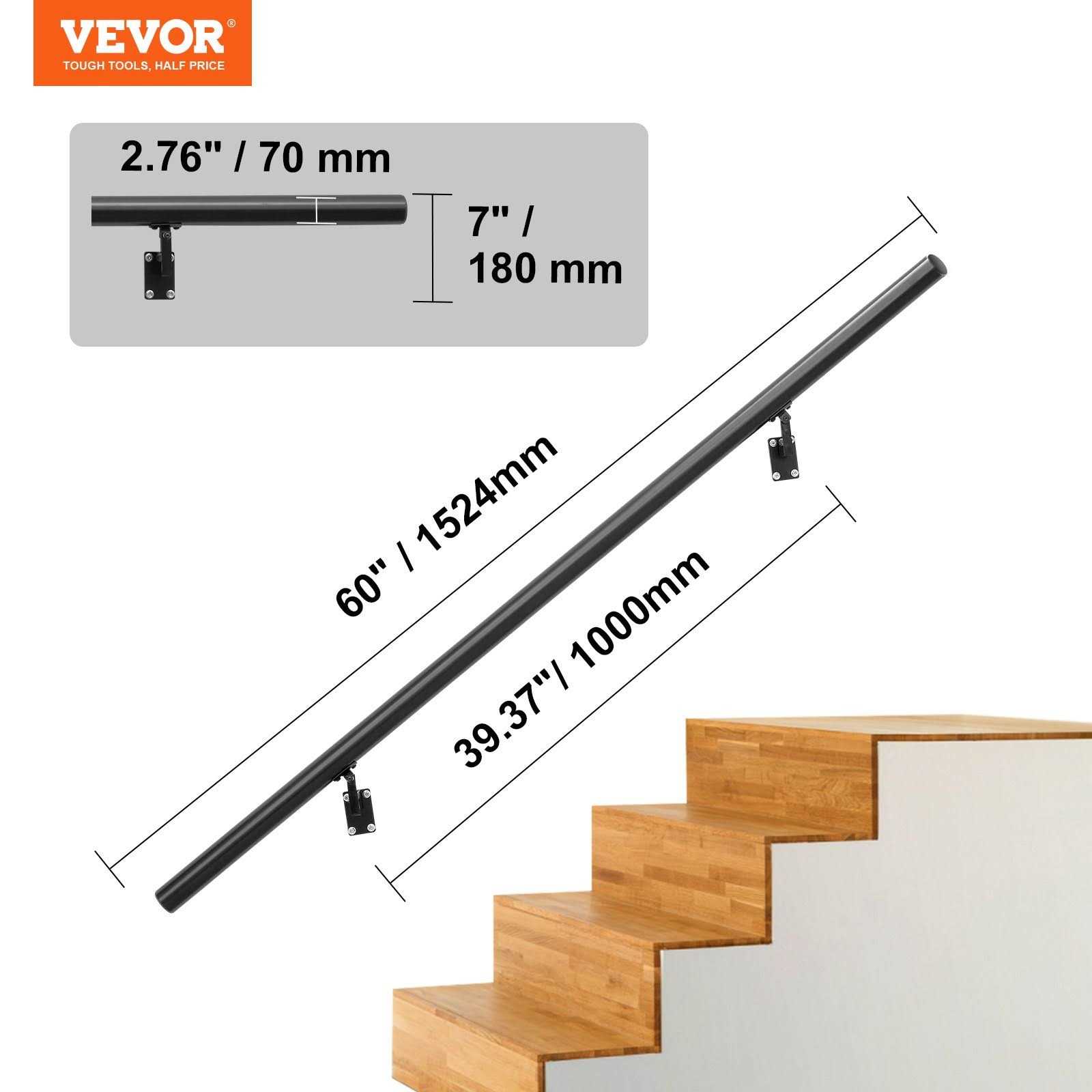 VEVOR Handrail Stair Railing 7 in. H x Wall Mount Handrails for Outdoor Stairs Black Aluminum Alloy Stair Railing Kit - Cheap Fitting