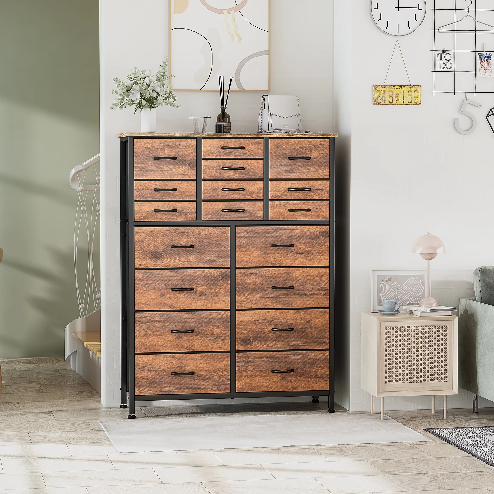 GIKPAL Dressers for Bedroom, Chest of Drawers Dresser with 18 Drawers Fabric Tall Dresser, Steel Frame Wooden Top, Rustic Brown - Cheap Fitting
