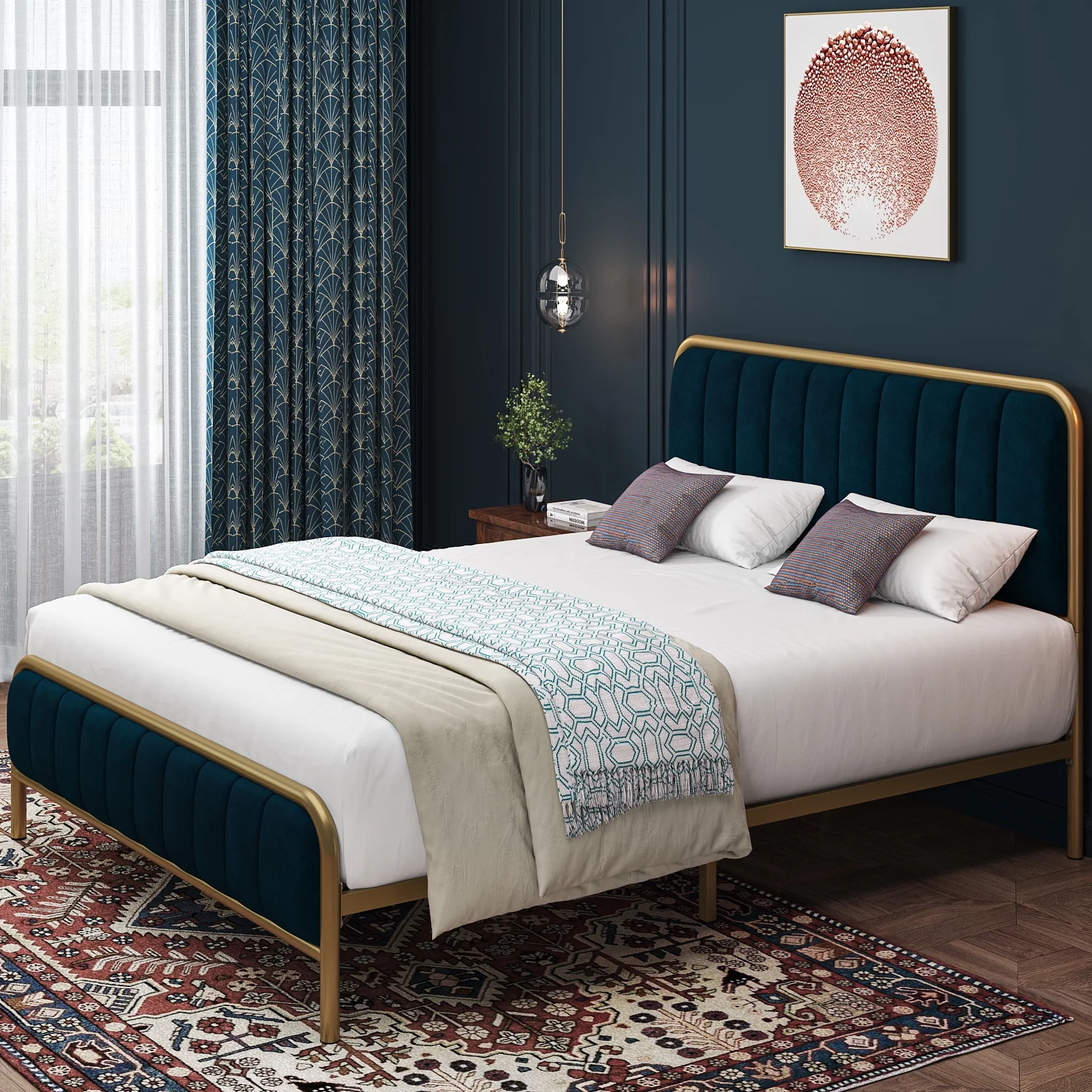 Homfa King Size Bed Frame, Round Metal Tube Heavy Duty Bed Frame with Tufted Upholstered Headboard, Gold and Blue - Cheap Fitting