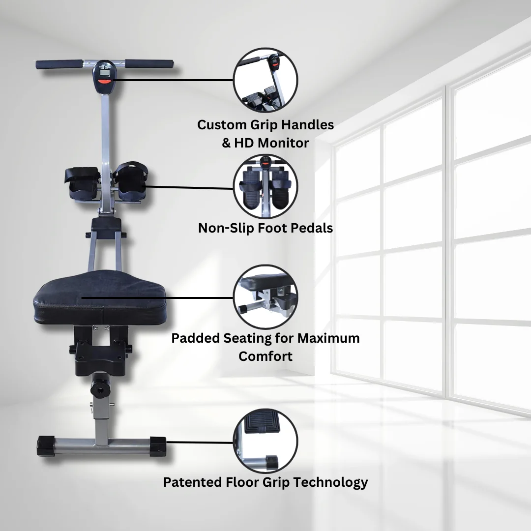 Iron Bar Fitness Foldable Rowing Machine: Ideal for Home Cardio Exercises, featuring a 12-Level Adjustable Hydraulic Resistance System. Comes with a Digital Monitor and a Cushioned Comfort Seat - Cheap Fitting