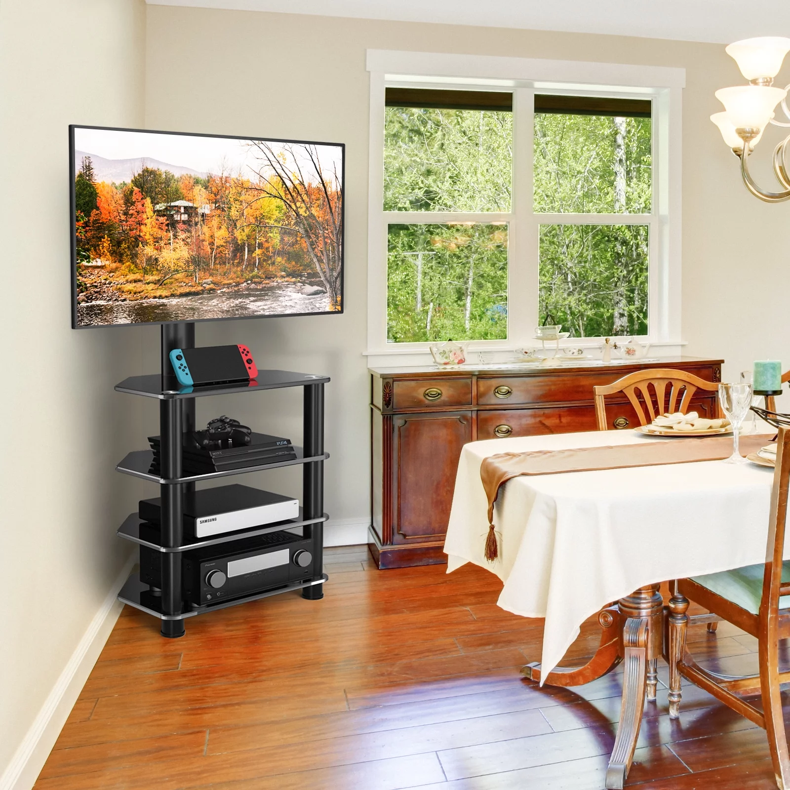 Corner TV Stand for TVs up to 70 inch with Swivel Mount, 4-Shelf - Cheap Fitting