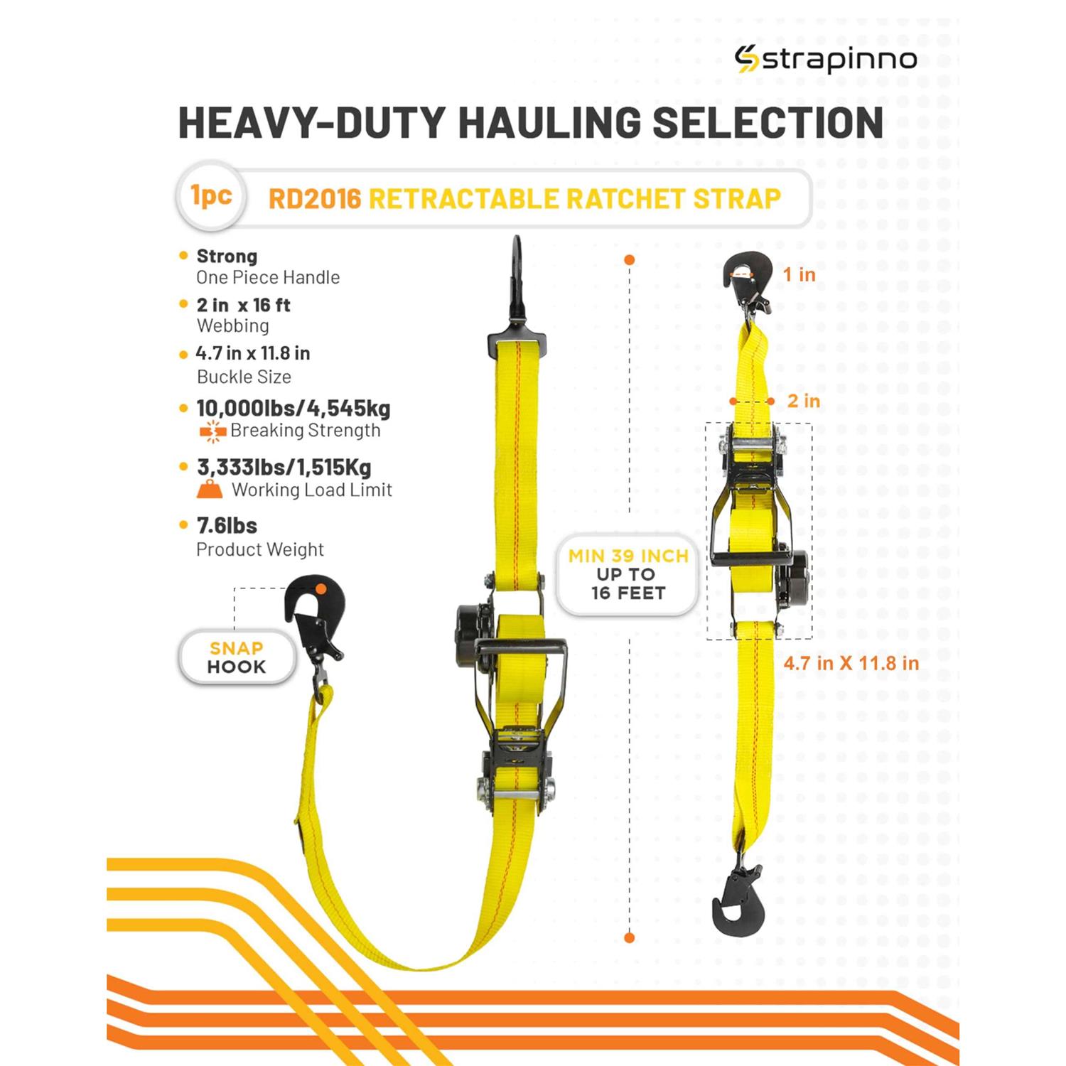 Strapinno Retractable Ratchet Tie-Down Strap Heavy-Duty Strap with Double J Hooks - Cheap Fitting