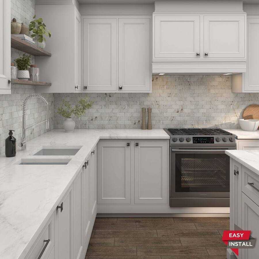 Daltile Xpress Mosaix Peel ‘N Stick White Beveled 14 in. x 12 in. Marble Brick Joint Mosaic Tile - Cheap Fitting