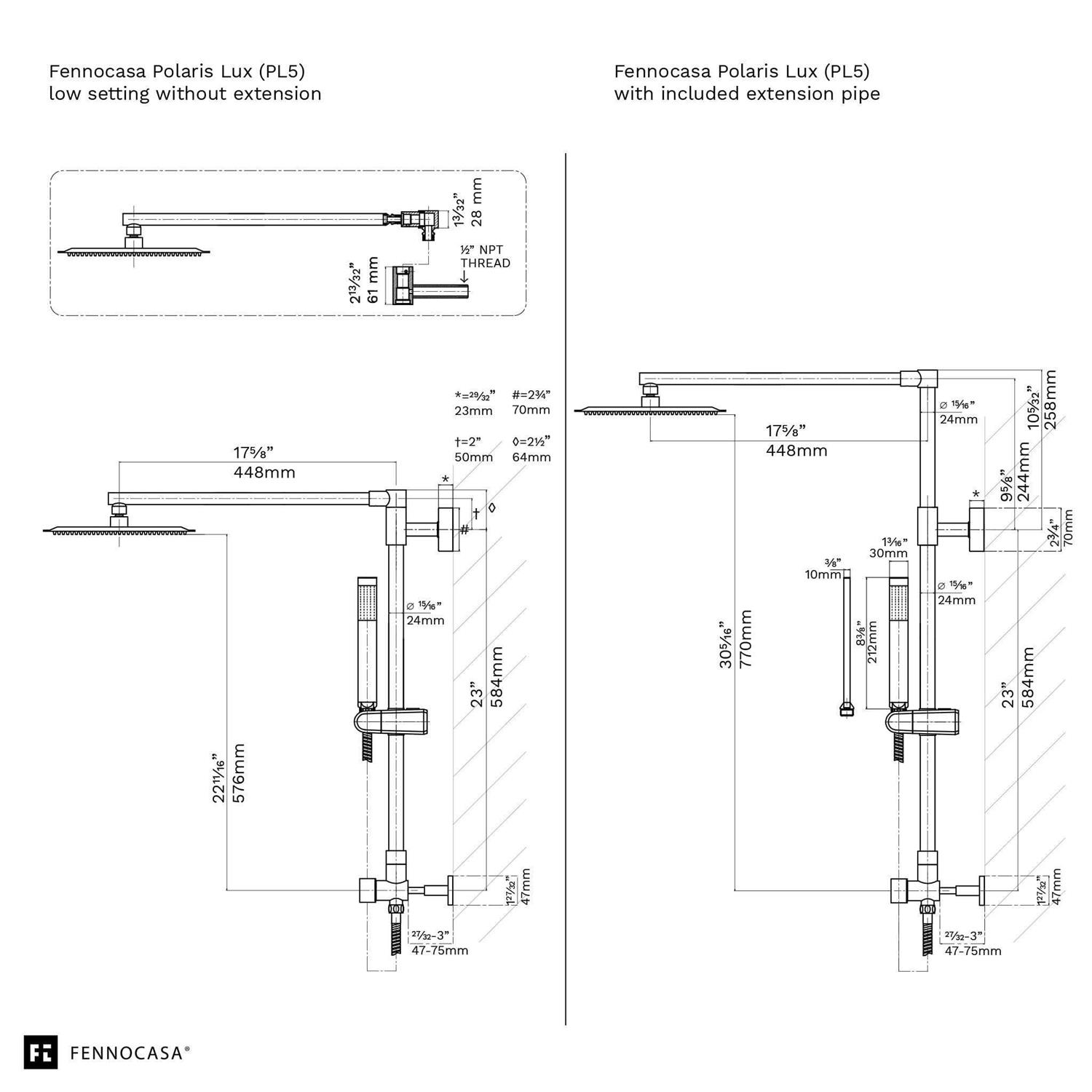 Polaris Lux 10 Square Shower Head & Handheld Shower Combo - Cheap Fitting