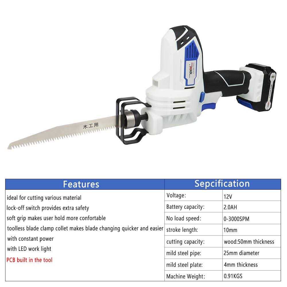 12V Cordless Reciprocating Saw with 2x Wood Blades Includes 2.0Ah Battery, Smart Charger and USB Power Source - Cheap Fitting