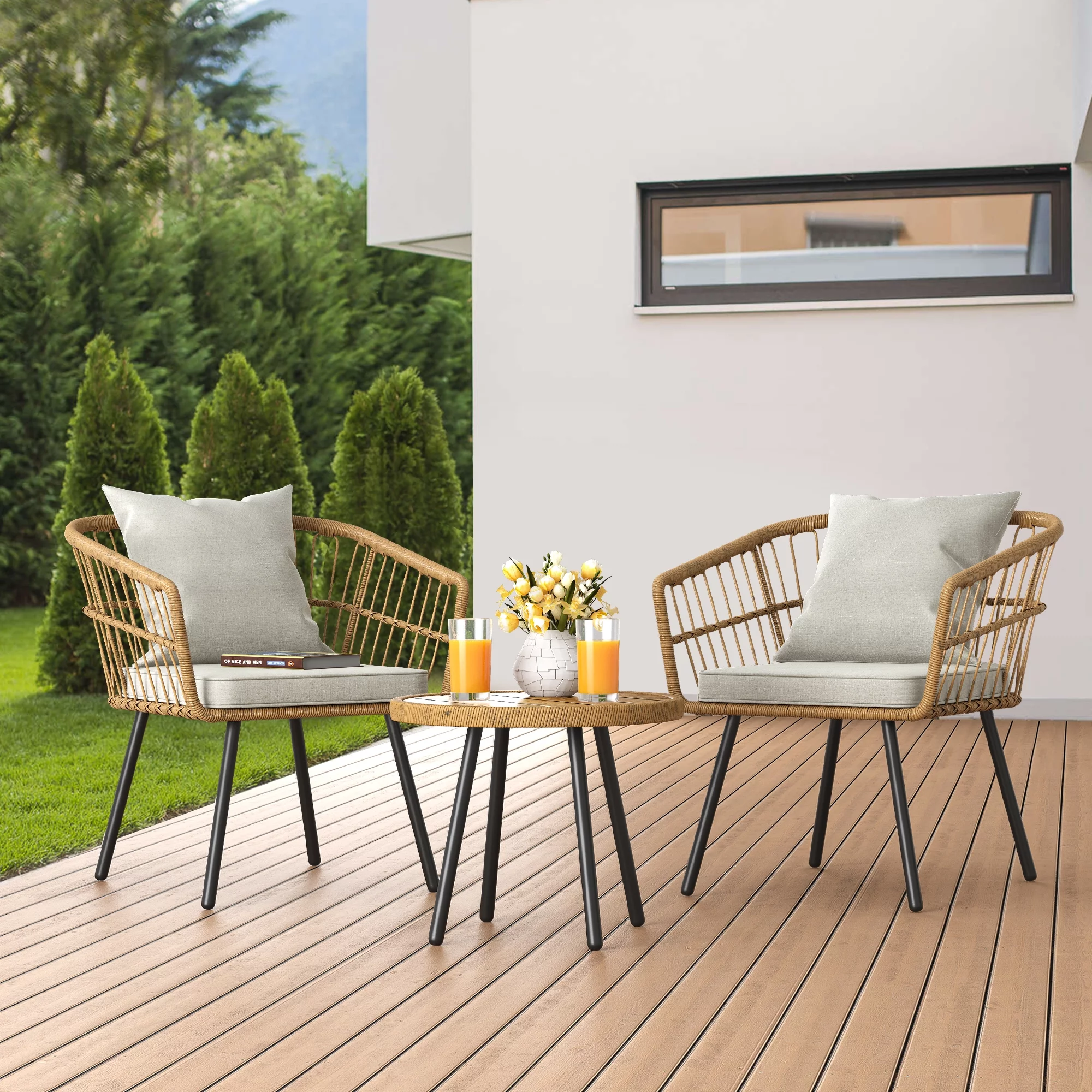 Dextrus 3 Pieces Patio Bistro Furniture Set, Outdoor 2 Wicker Sofas Rattan Chairs With Gray Cushion and Rattan Coffee Table - Grey - Cheap Fitting