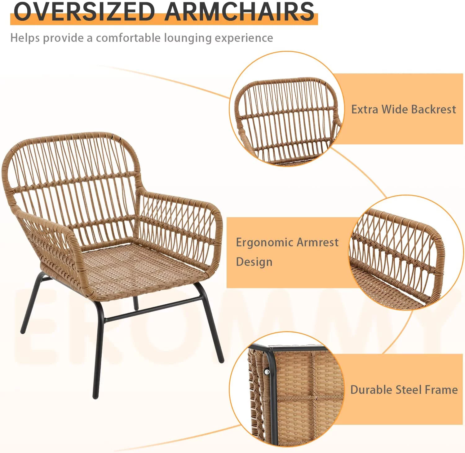 Erommy 3 Pieces L-Shaped Sectional Wicker Conversation Sets with Cushions and Glass Table,Steel - Cheap Fitting