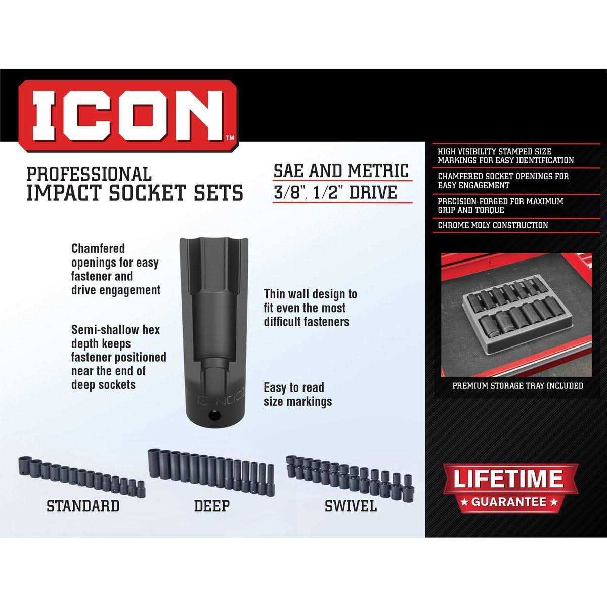 Icon 3/8 in. Drive SAE Professional Impact Socket Set - Cheap Fitting