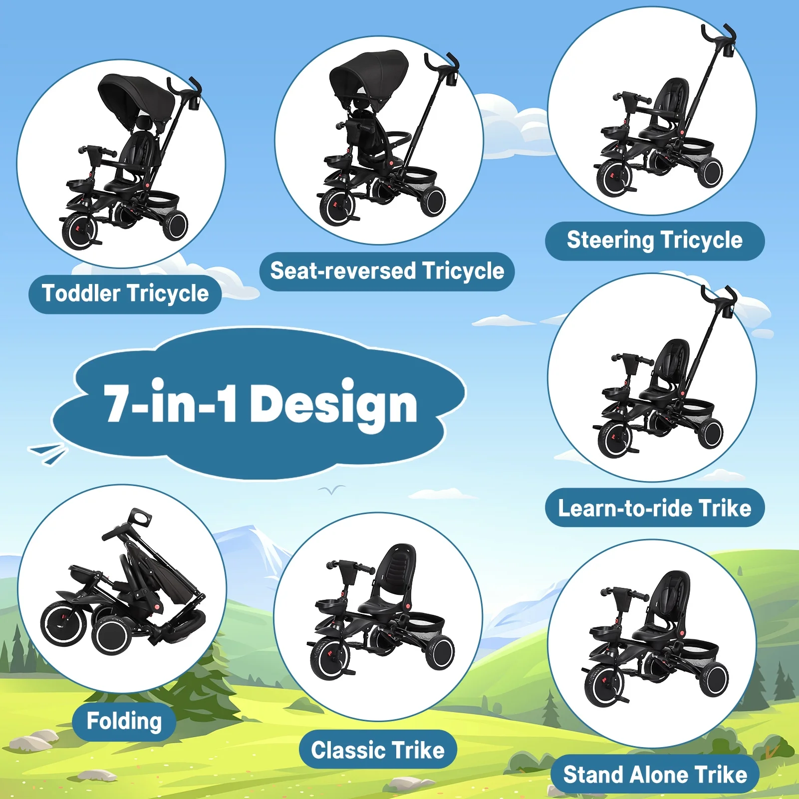 Tricycle Stroller with Removable Push Handle,Folding Toddler Push Bike,Tricycles for 1-5 Year Olds Baby Kids,Tricycles with Adjustable Canopy,Storage,Cup Holder - Cheap Fitting