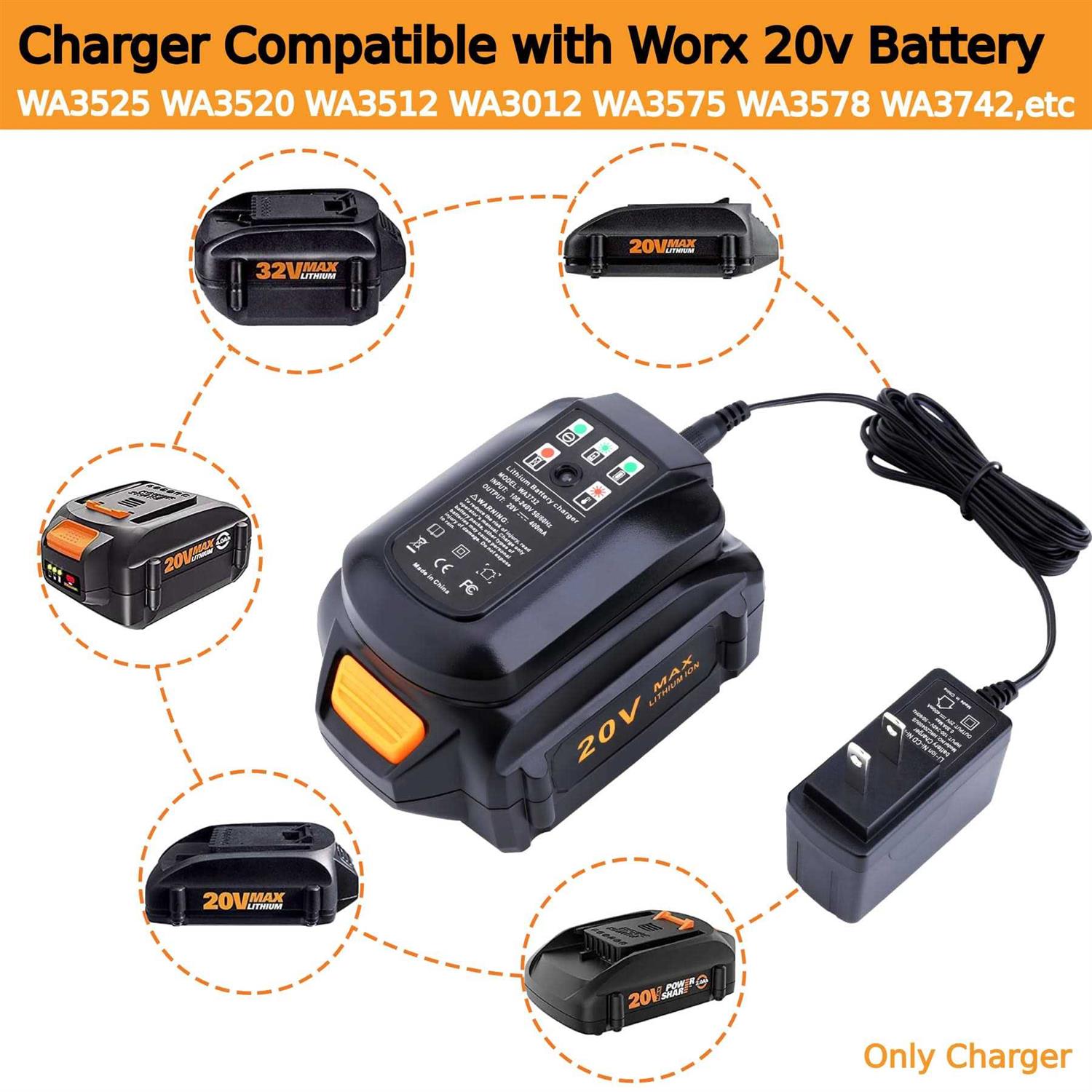 Swidan Wa3742 Charger Compatible with Worx 20v Lithium Battery Wa3525 Wa3520 Wa3578 Wa3575 - Cheap Fitting