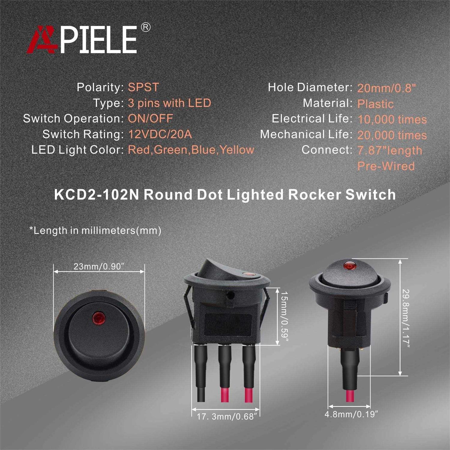 APIELE Rocker Toggle Switch 20 CM Pre-Wired DC 12V 20A ON-Off with Dot Light SPST 3 Pins 2 Position 10Pcs KCD2-102N-Wired - Cheap Fitting