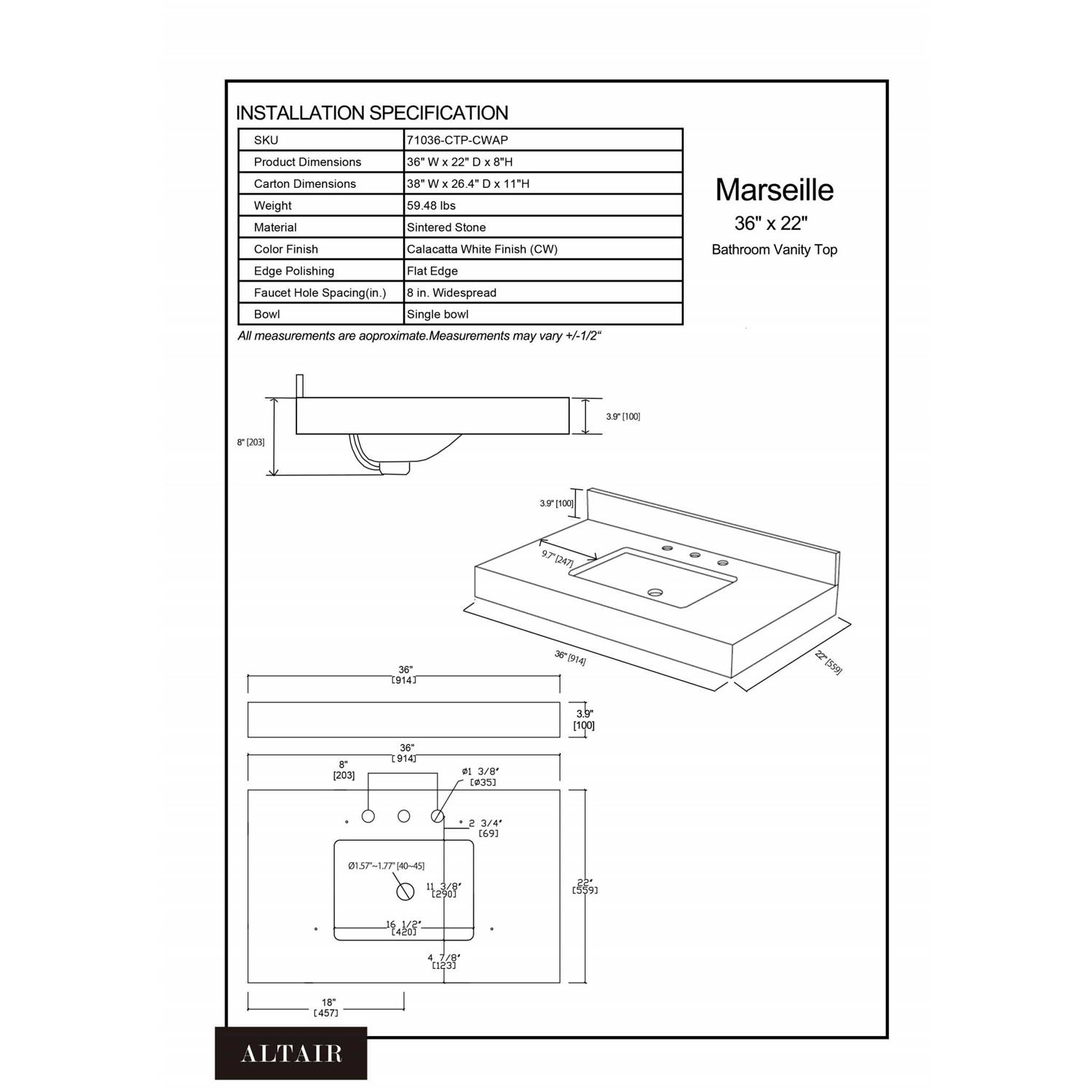 Altair 36. in Stone effects Vanity Top in Calacatta White Apron - Cheap Fitting