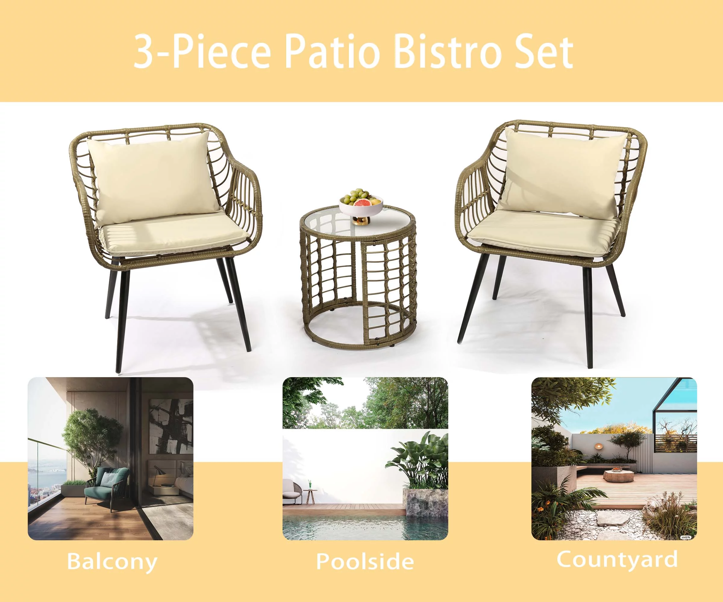Esmlada 3 Piece Patio Bistro Set, Outdoor All-Weather Conversation Bistro Set w/ 2 Wide Ergonomic Chairs, Cushions&Glass Top Table for Porch, Backyard, Balcony, Garden (Grey-Beige) - Cheap Fitting