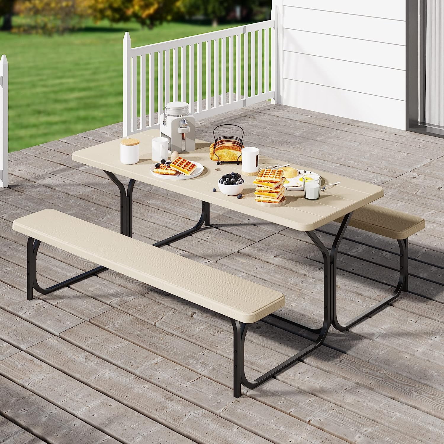Dextrus Picnic Table Bench Set 6 ft Outdoor Camping with Stable Steel Frame & Wooden Texture Tabletop Weather Resistant w/Umbrella Hole - Black - Cheap Fitting