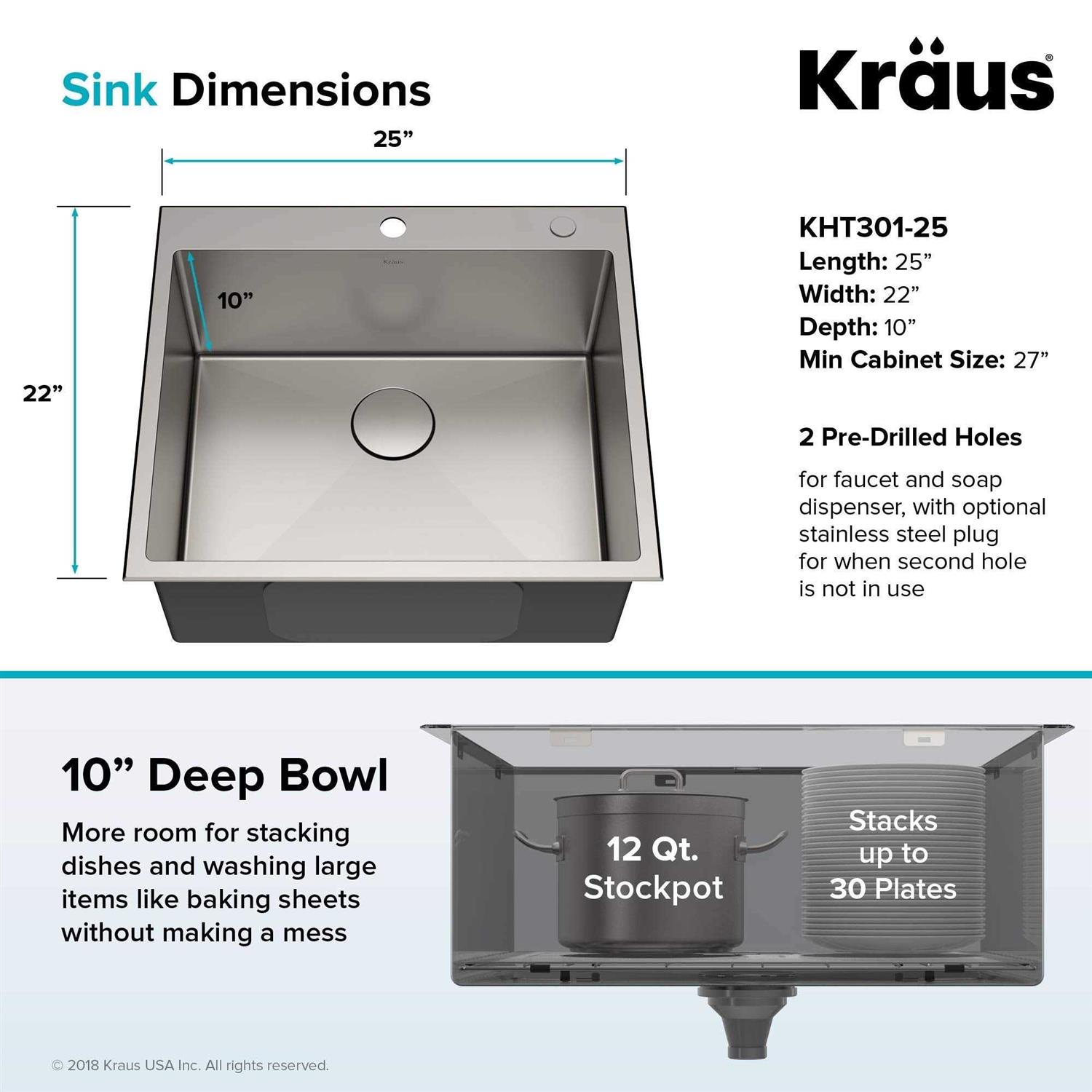 Kraus 25 x 22 Standart PRO Drop-In Stainless Steel Single Bowl 2-Hole Kitchen Sink - Cheap Fitting