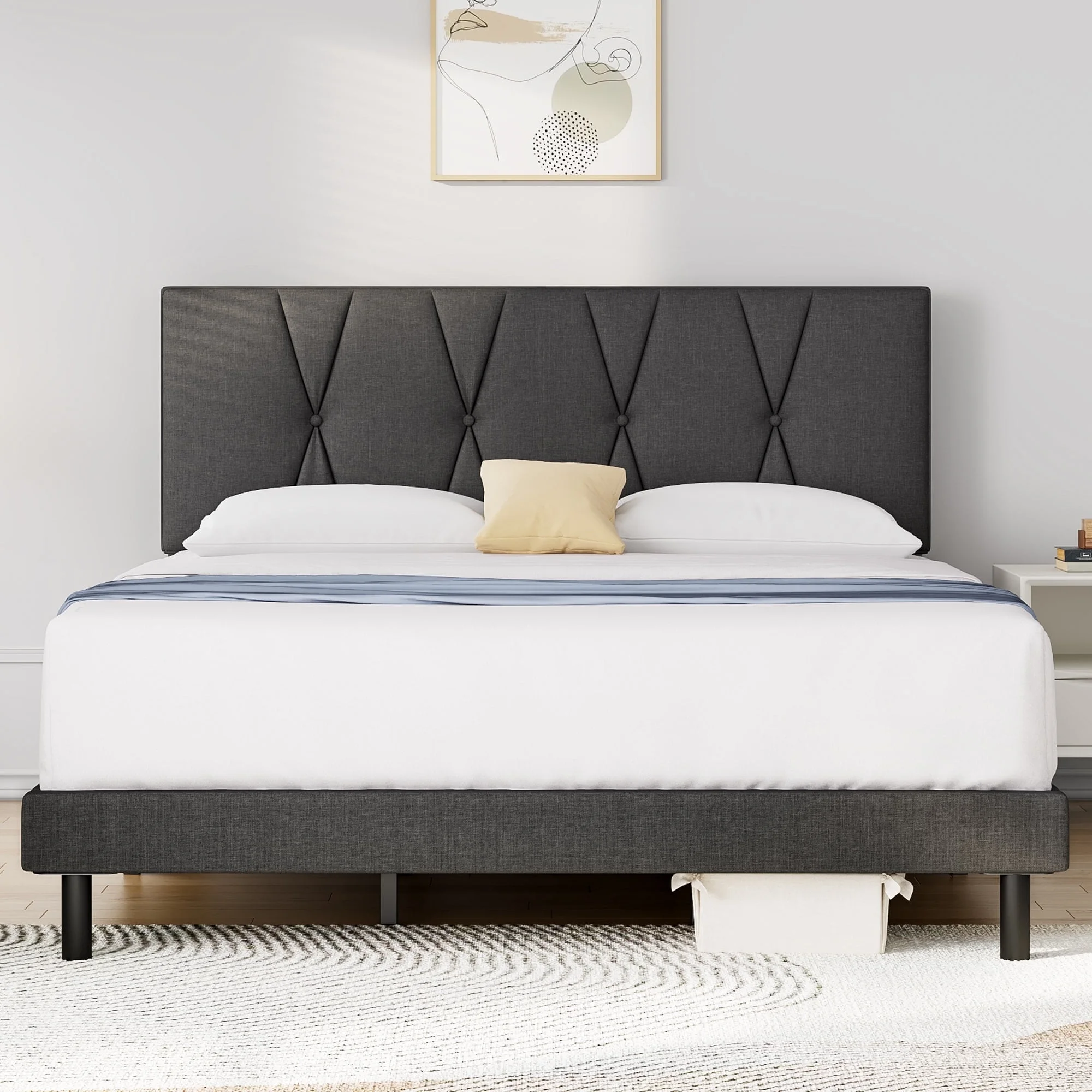 Queen Bed Frame, HAIIDE Queen Size Platform Bed With Fabric Upholstered Headboard, Dark Grey - Cheap Fitting