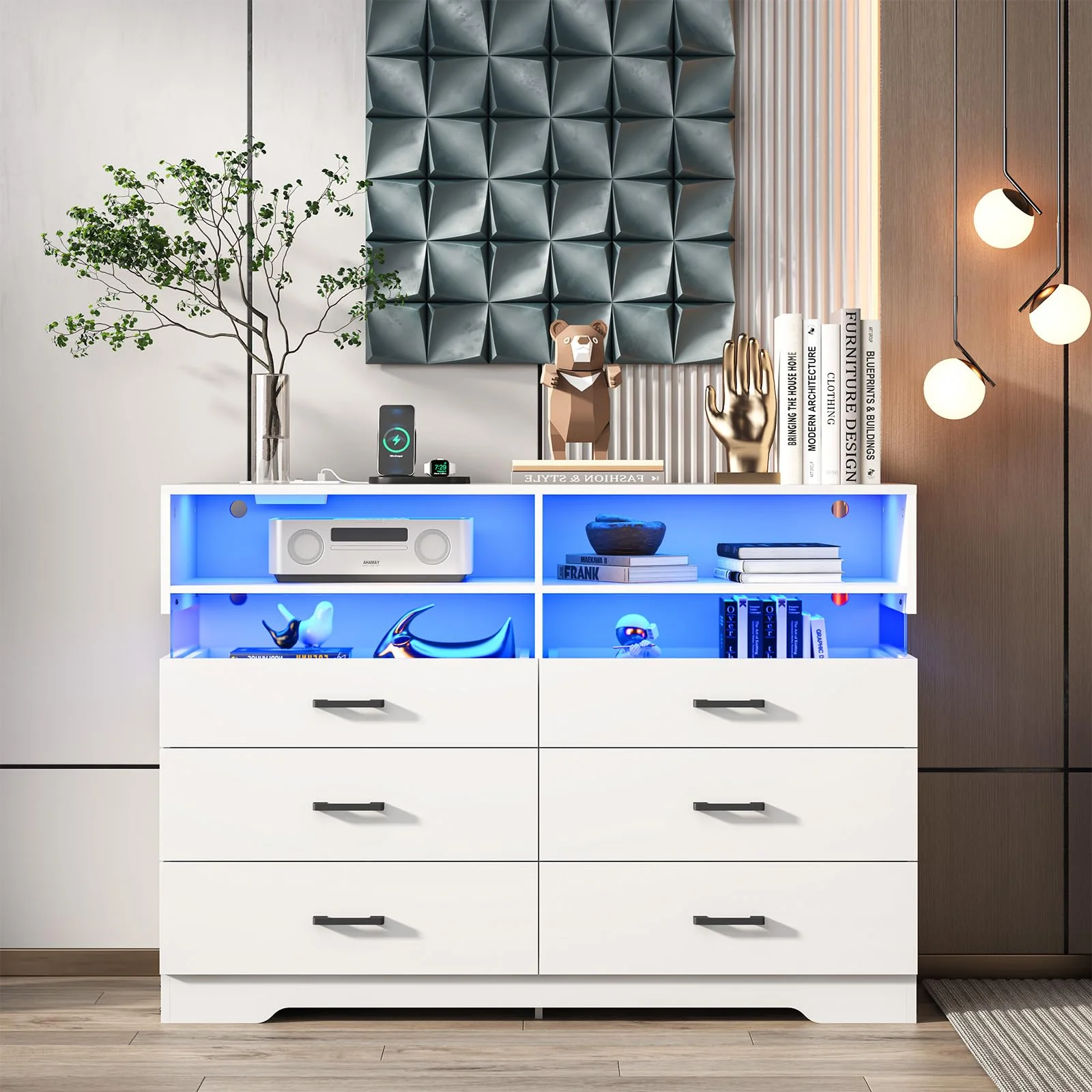 Dresser for Bedroom, Double Dresser with 6 Drawers and Charging Station, LED Chest of Drawers for Living Room, Entryway, White - Cheap Fitting
