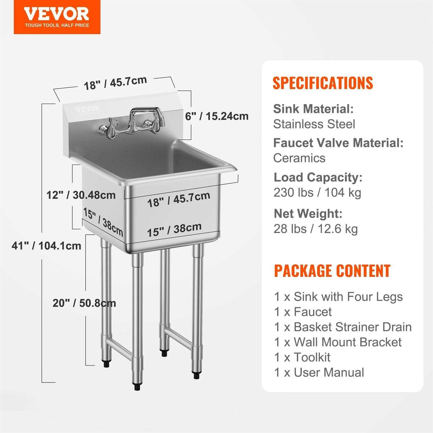 VEVOR Stainless Steel Prep & Utility Sink 1 Compartment Free Standing Small Sink Include Faucet & legs - Cheap Fitting