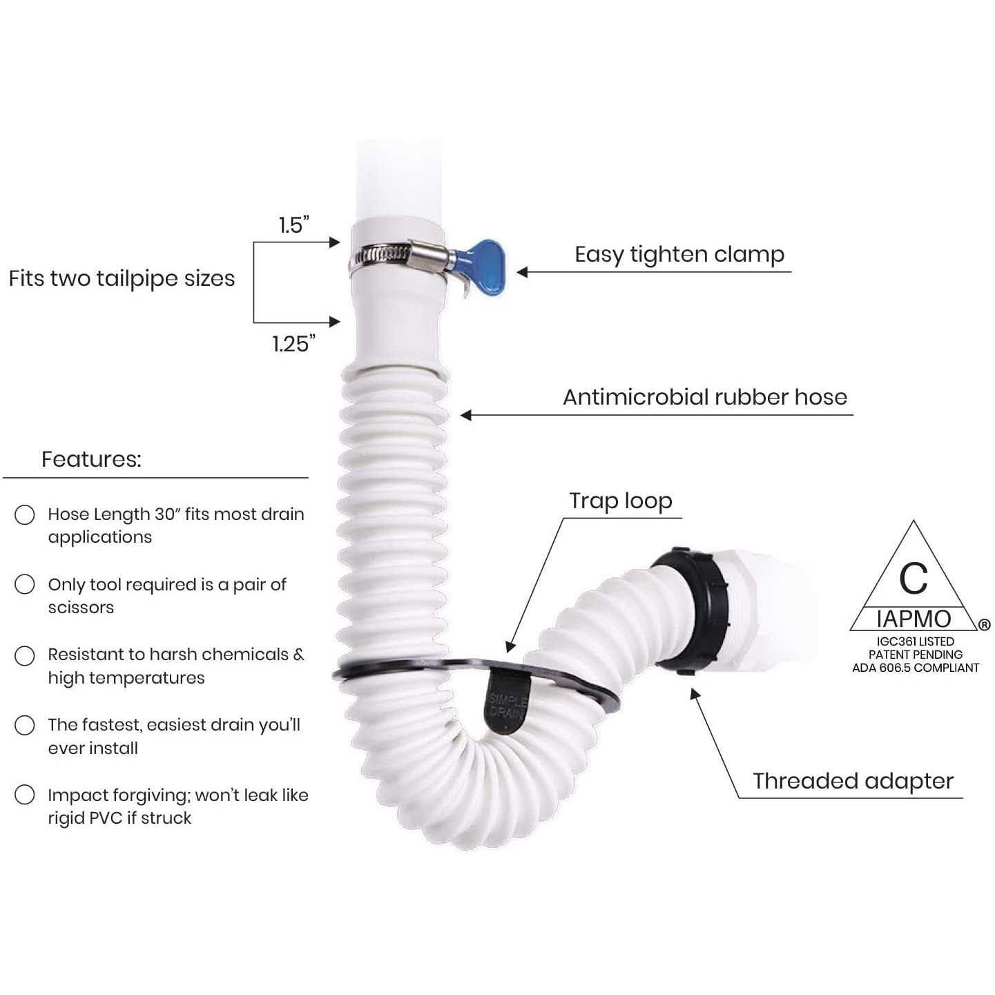 Simple Drain 1.25 in. Rubber Threaded P-Trap Bathroom Single Sink Drain Kit - Cheap Fitting