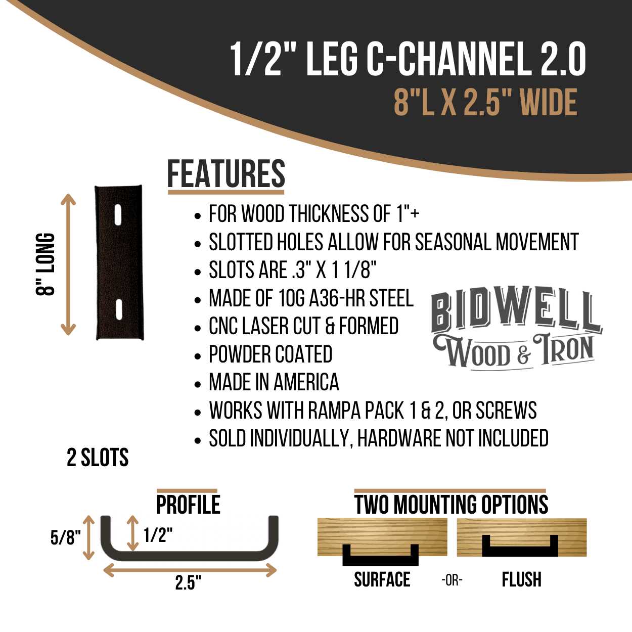 Bidwell Wood & Iron The Original C Channel Leg Hidden Metal Support Bracing, for Live Edge or Glue-Up Wood Tables - Cheap Fitting