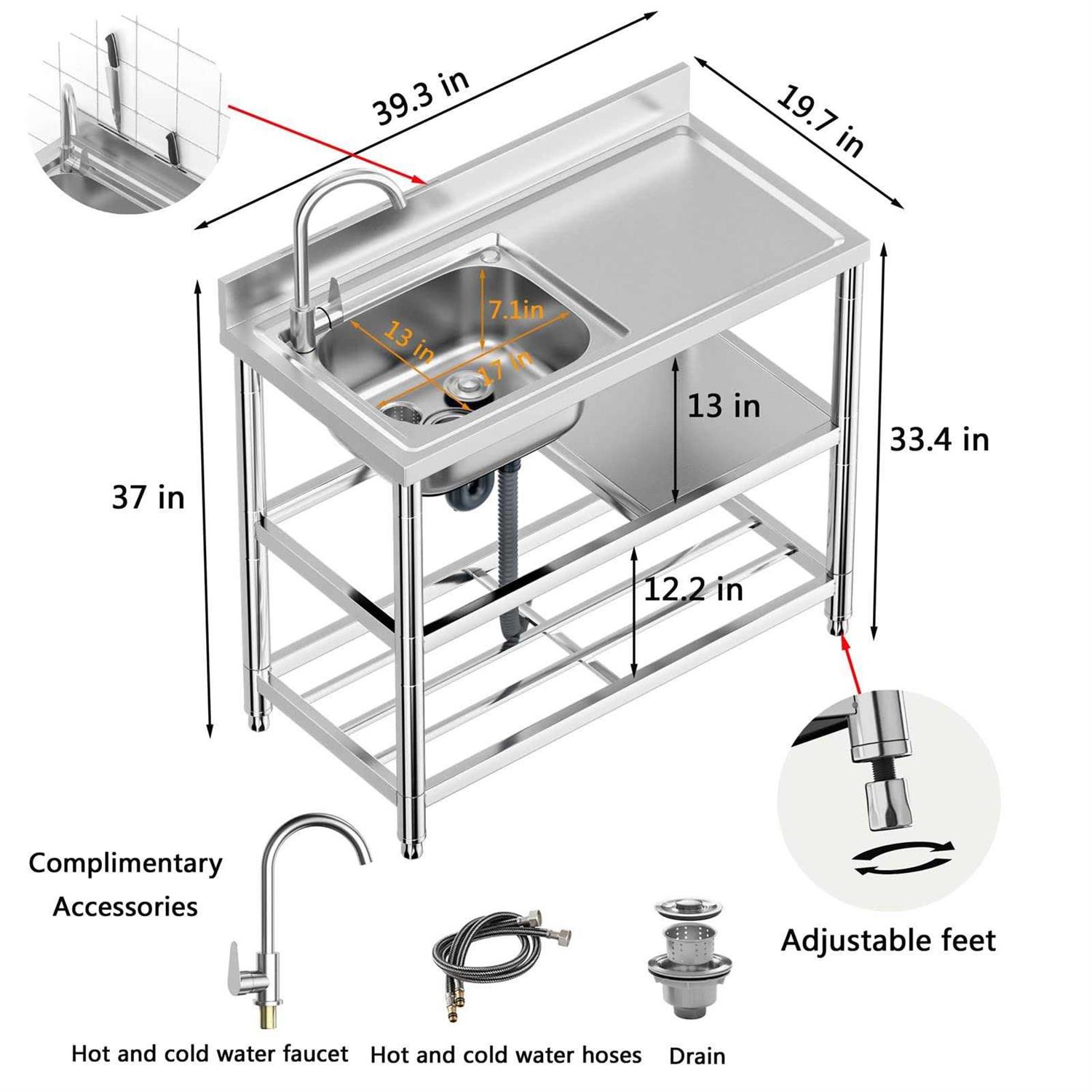 KINGBO Free Standing Stainless-steel Single Bowl Commercial Restaurant Kitchen Sink Set w/faucet & Drainboard - Cheap Fitting