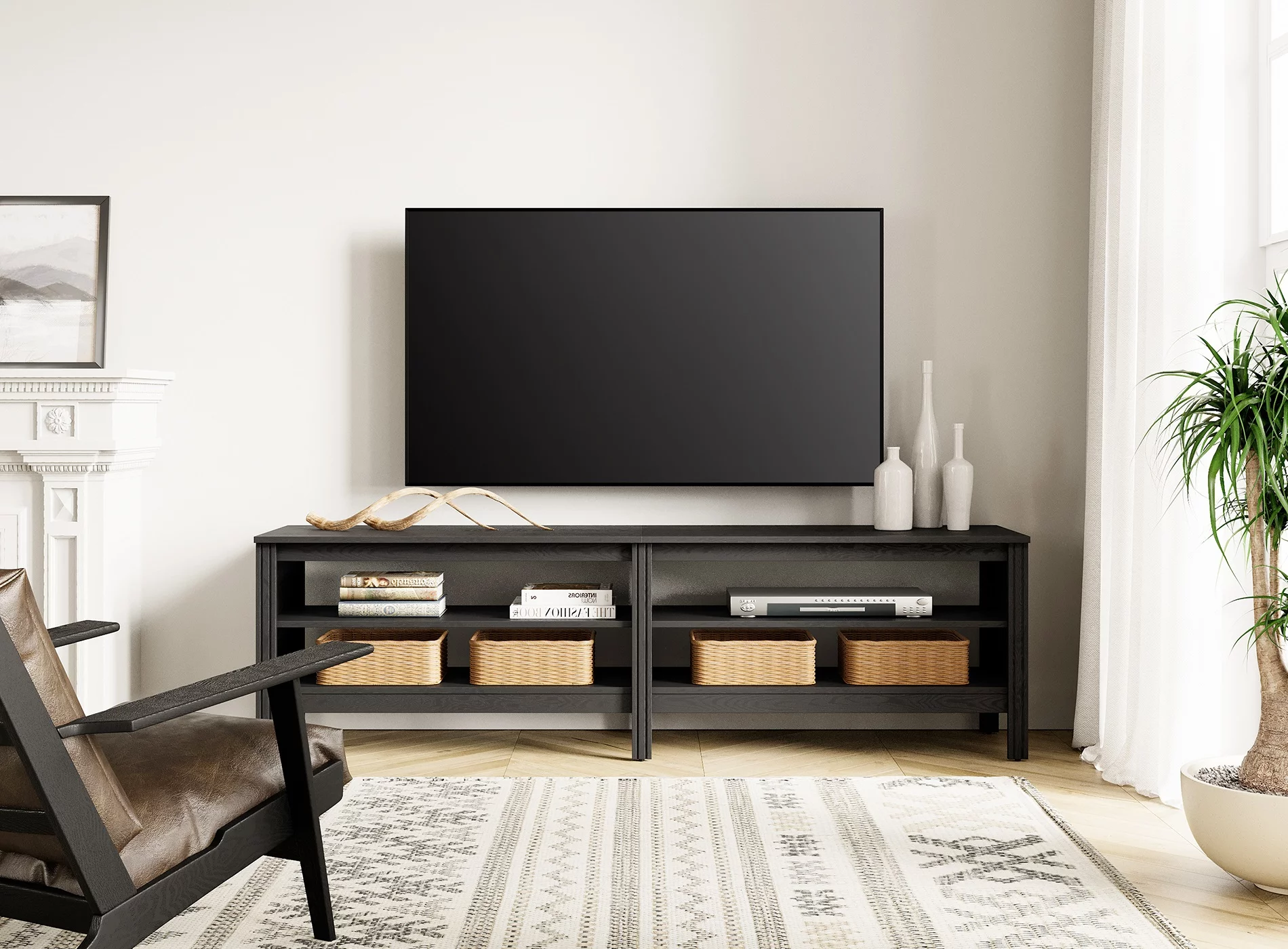 TV Stand for 75 inch TV with 4 Open Shelves, Wood TV Console Entertainment Center for LIving Room, Black - Cheap Fitting