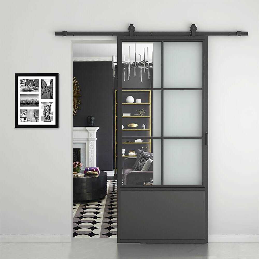 CALHOME 37-in x 84-in Black Glass Steel Single Barn Door - Cheap Fitting
