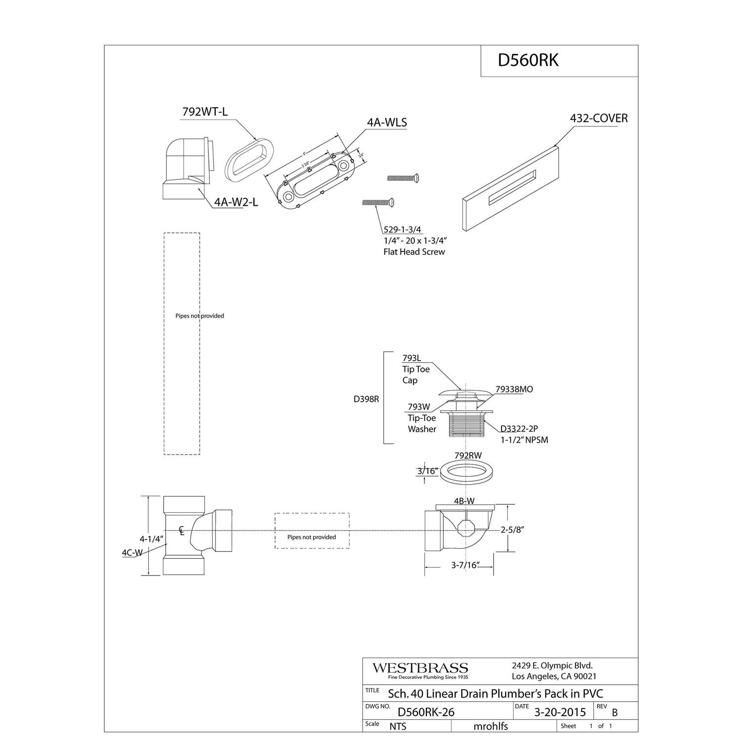 Westbrass D560RK-01 Linear Overflow Plumbers Pack withTee ADA Tip-Toe Drain in Polished Brass - Cheap Fitting