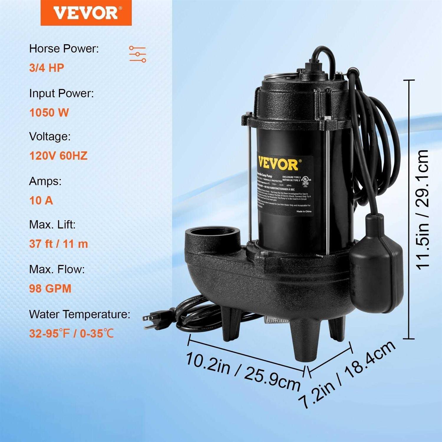 VEVOR 1.5 HP Submersible Cast Iron and Steel Sump Pump 6000 GPH Submersible Water Pump with Integrated Vertical Float Switch WSBBX10HP110VXGOYV1 - Cheap Fitting