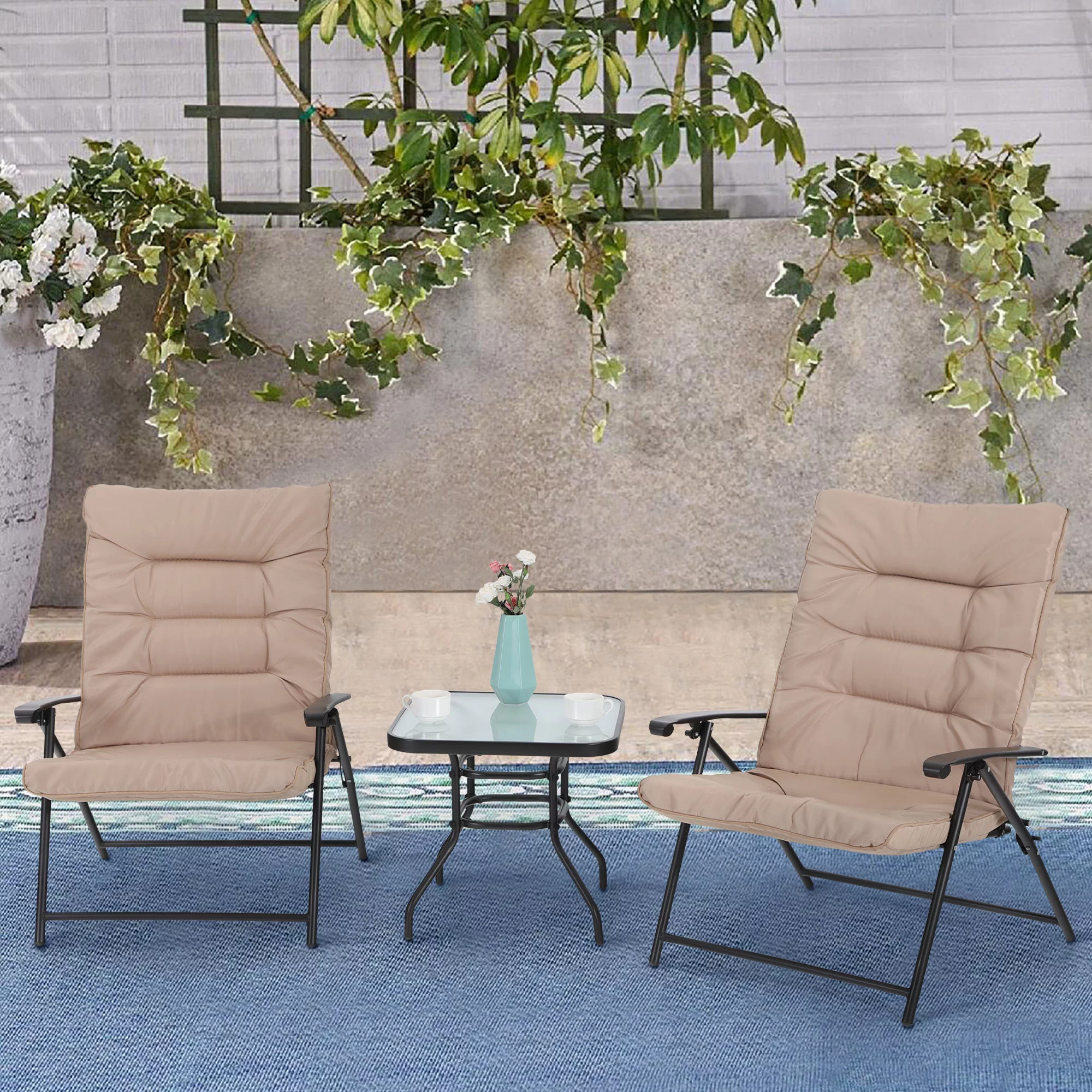 Sophia & William 3 PCS Outdoor Patio Bistro Set 2 Reclining Lounge Chairs and 1 Table - Beige - Cheap Fitting