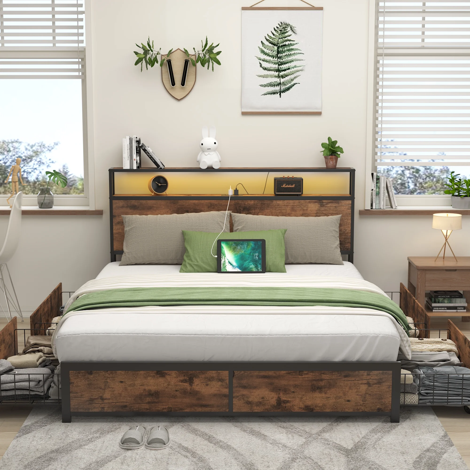 Lifezone Queen Bed Frame with Headboard Platform Bed with Charging Station & LED, 4 Storage Drawers, Metal Support, Vintage Brown - Cheap Fitting