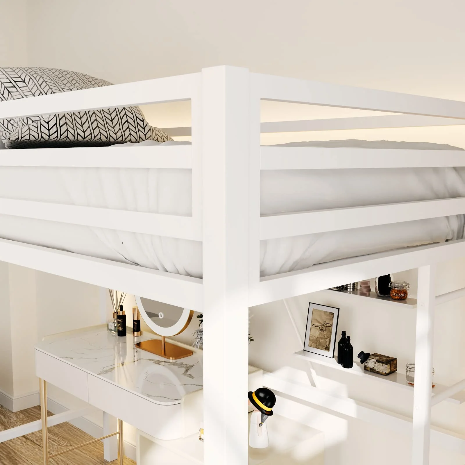Einfach Twin Size Loft Bed for Kids, Removable Metal Ladder, White - Cheap Fitting