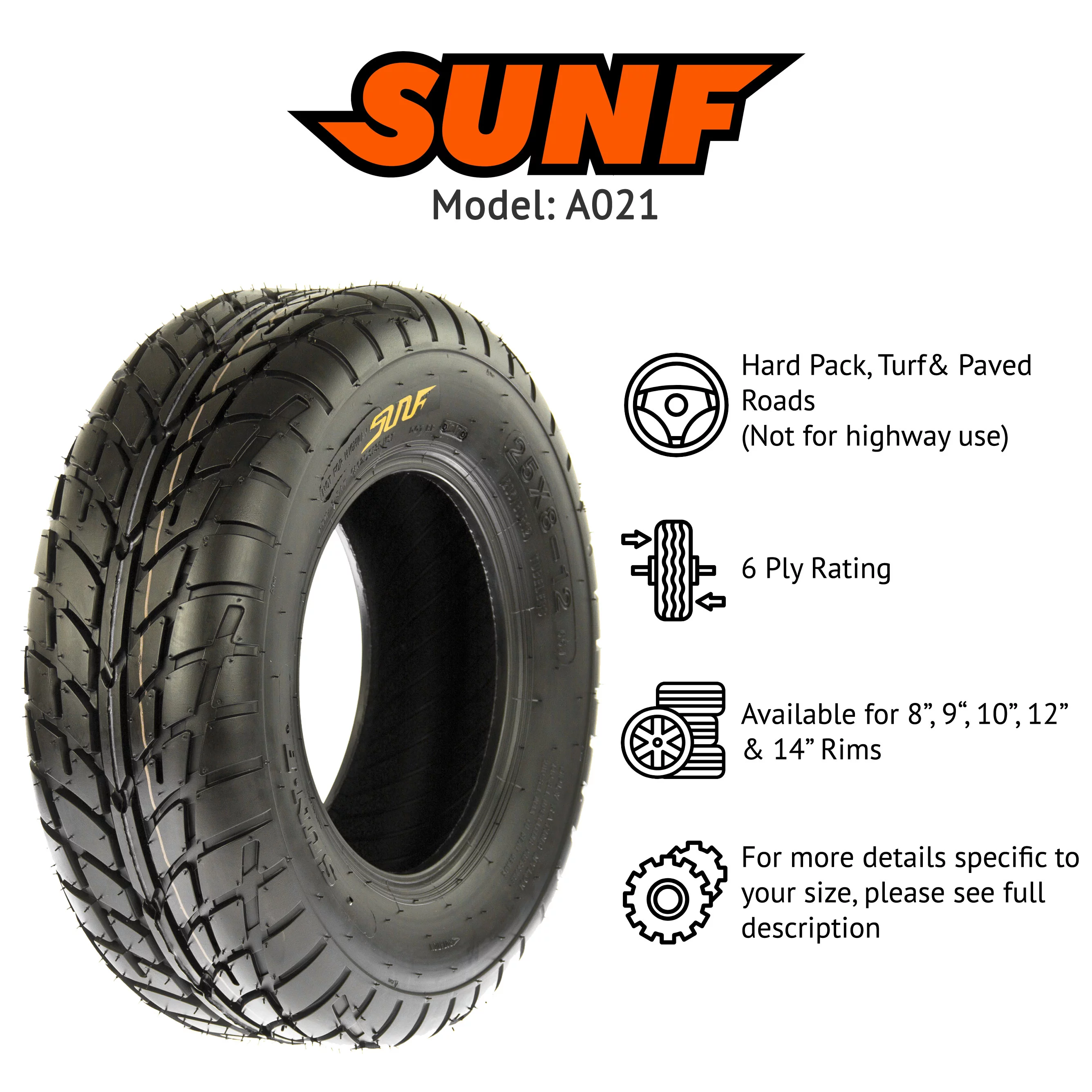 SunF All Terrain ATV UTV Sport Tires 25x8-12 25x8x12 6 PR A021 (Single) - Cheap Fitting