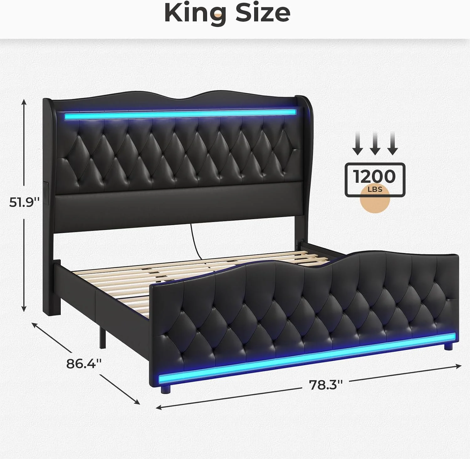 King Size Bed Frame with Tall Headboard,Upholstered Platform Bed LED Lights & Charging Station & Footboard, Heavy Duty Wooden Slats,Black - Cheap Fitting