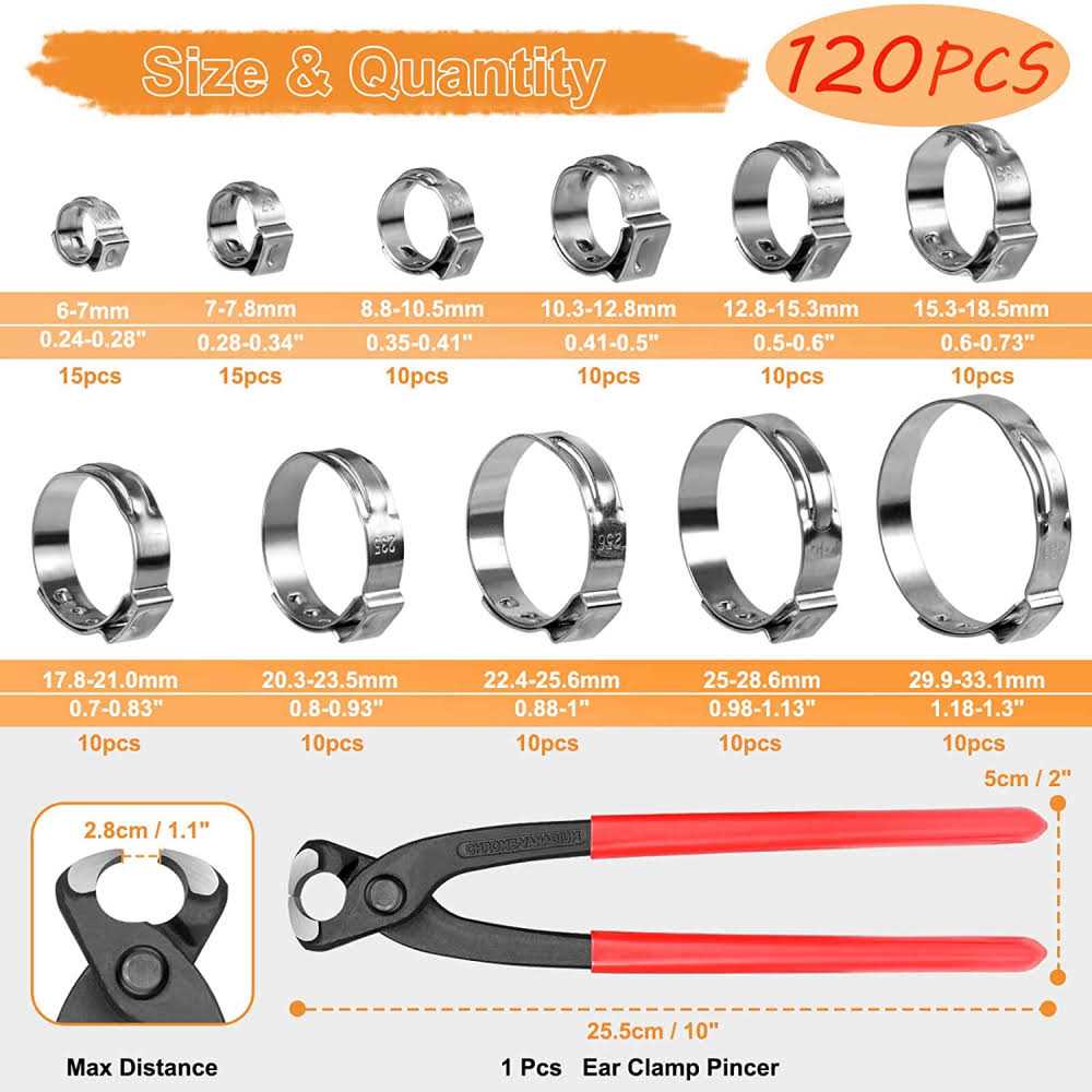 Hydencamm 120PCS 11 Sizes Single Ear Hose Clamps 304 Stainless Steel - Cheap Fitting