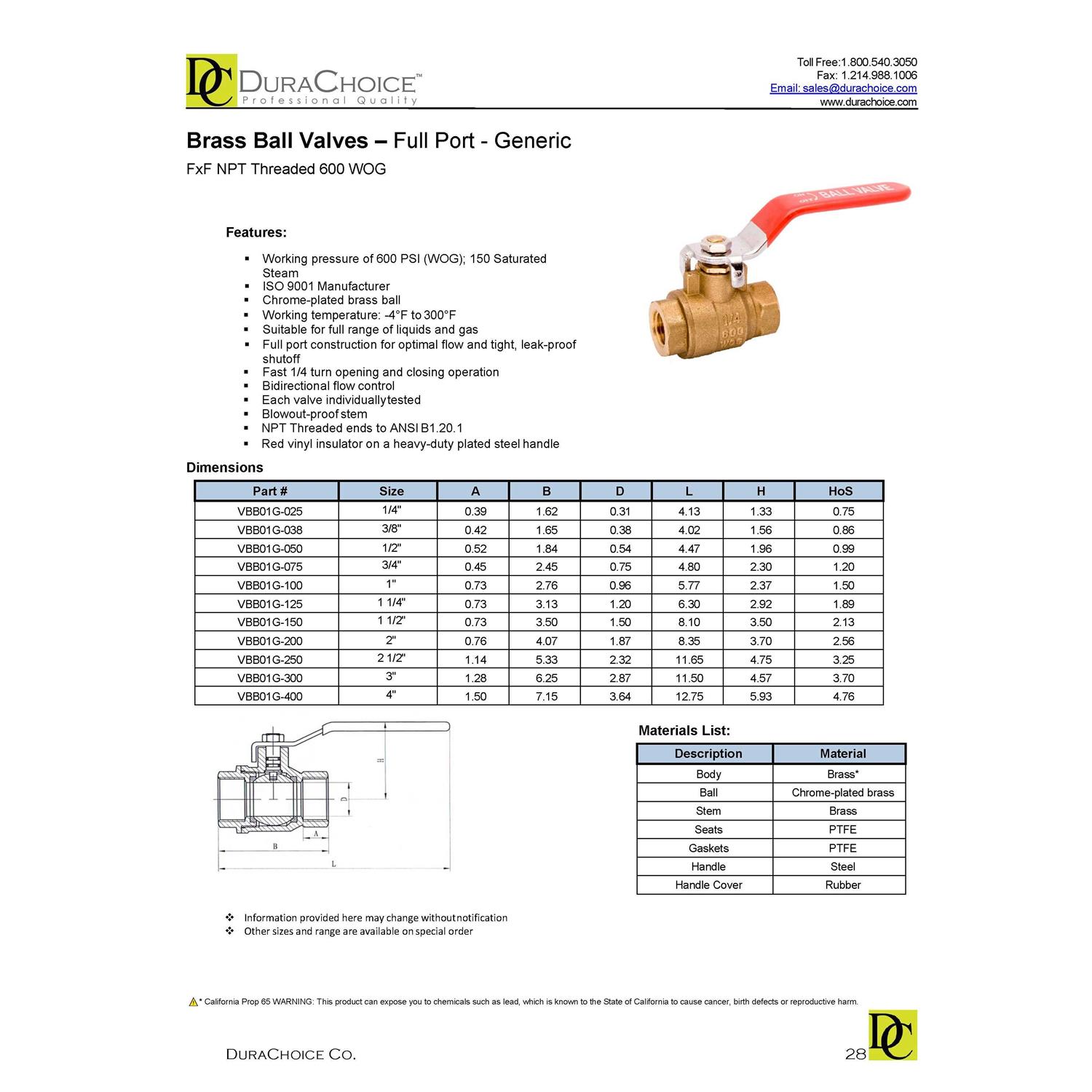 DuraChoice Brass Ball Valve Full Port 600WOG - Cheap Fitting