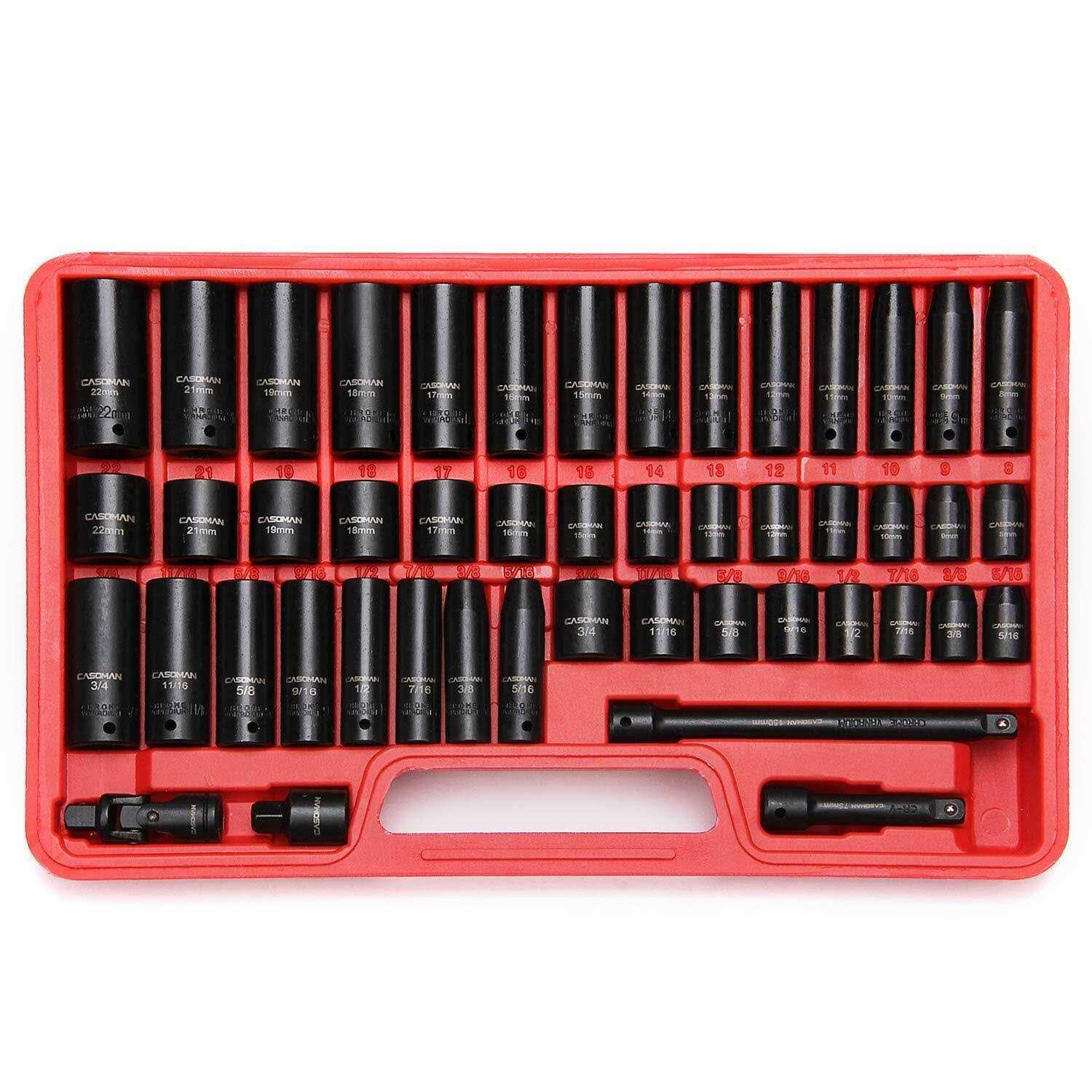CASOMAN 3/8 Drive Impact Socket Set, 48 Piece Standard SAE and Metric Sizes - Cheap Fitting