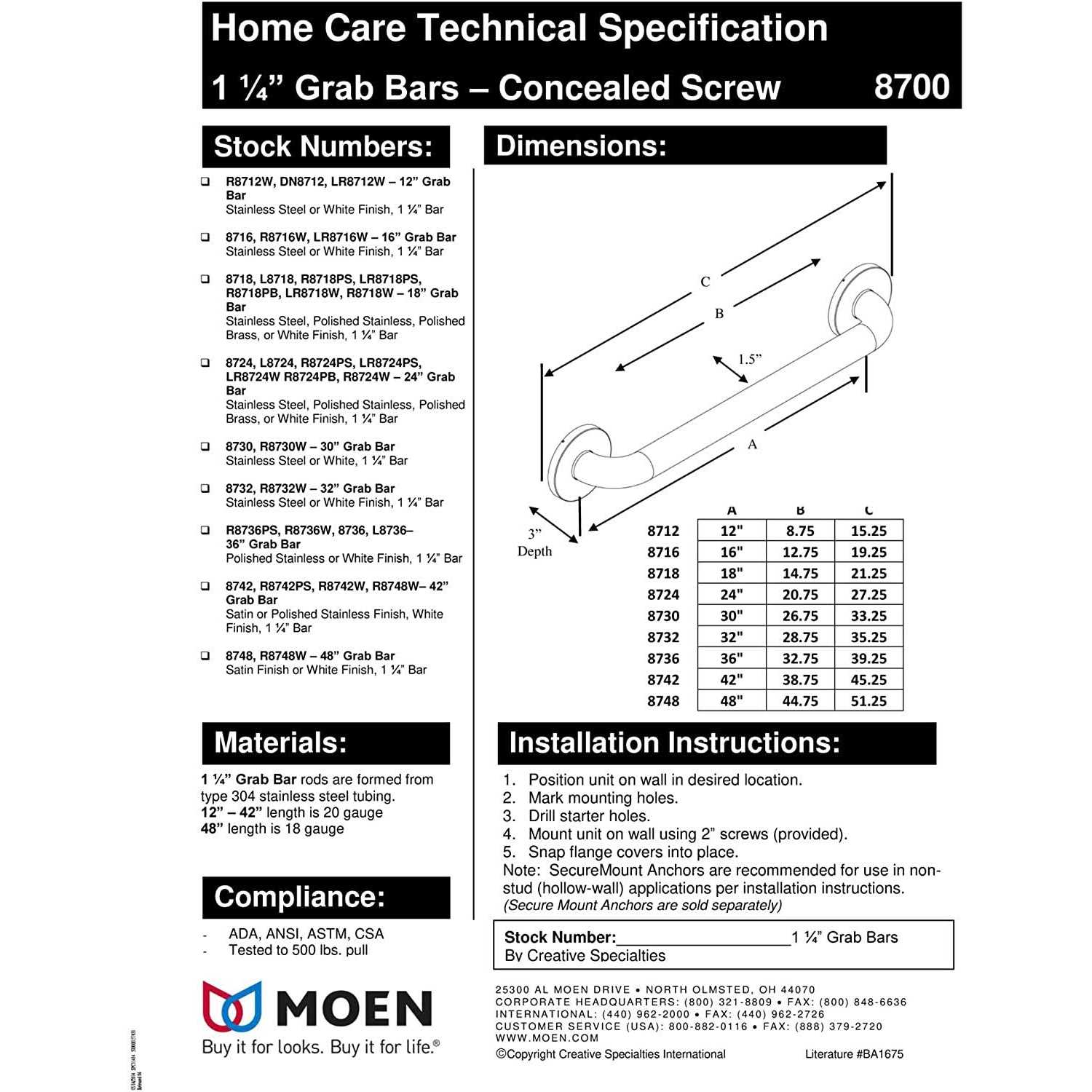 Moen Home Care 12 Concealed Screw Grab Bar R8712P - Cheap Fitting