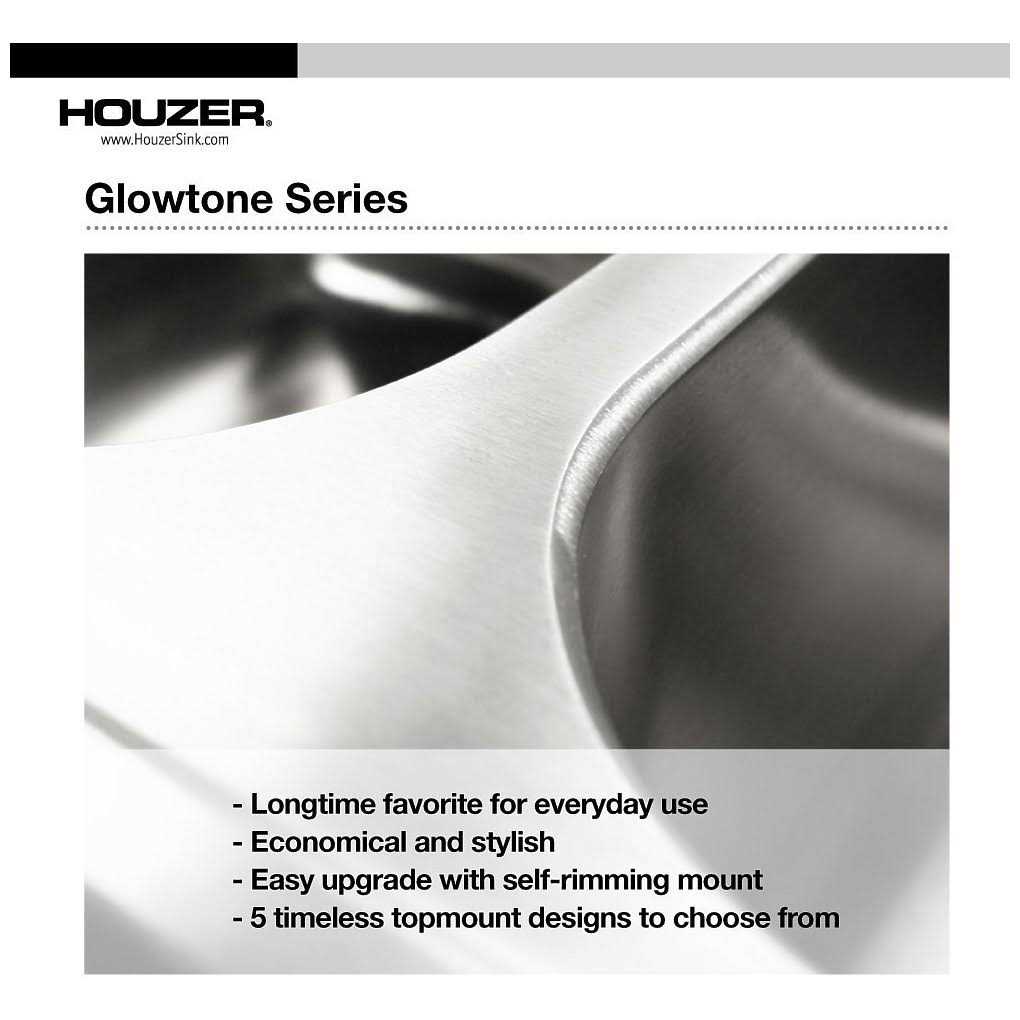 Houzer 2522-8BS3-1 Glowtone Topmount Stainless Steel 21 Single Bowl Kitchen Sink - Cheap Fitting