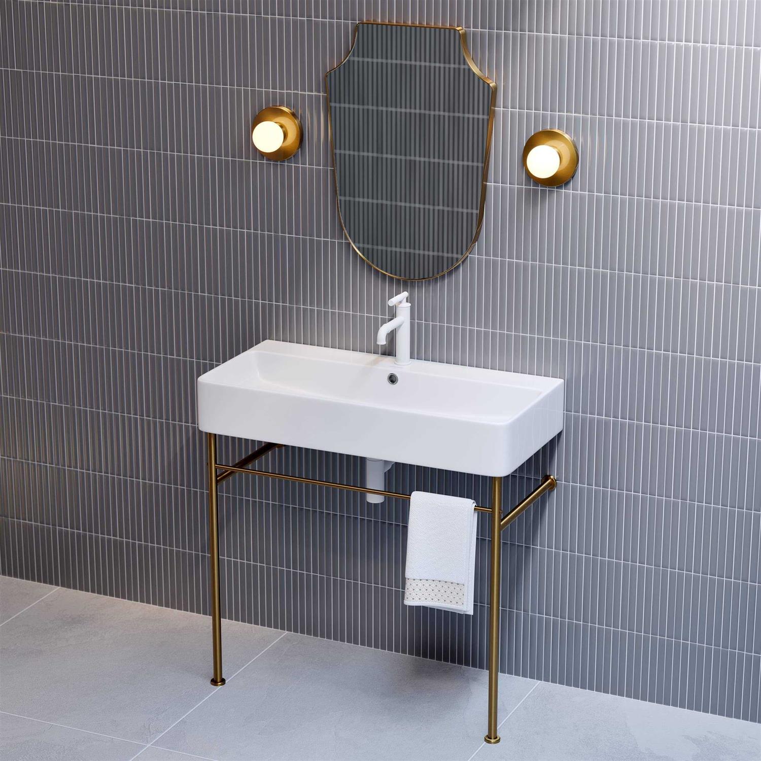 Swiss Madison Carre 36 Ceramic Console Sink White Basin Brushed Gold Legs - Cheap Fitting