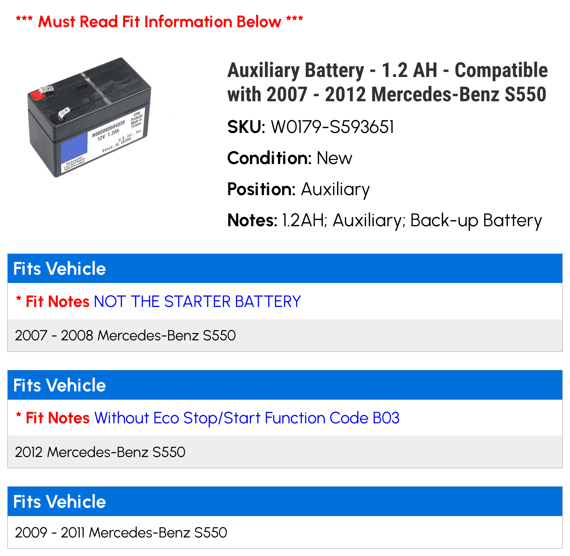 Auxiliary Battery - 1.2 AH - Compatible with 2007 - 2012 Mercedes-Benz S550 2008 2009 2010 2011 - Cheap Fitting