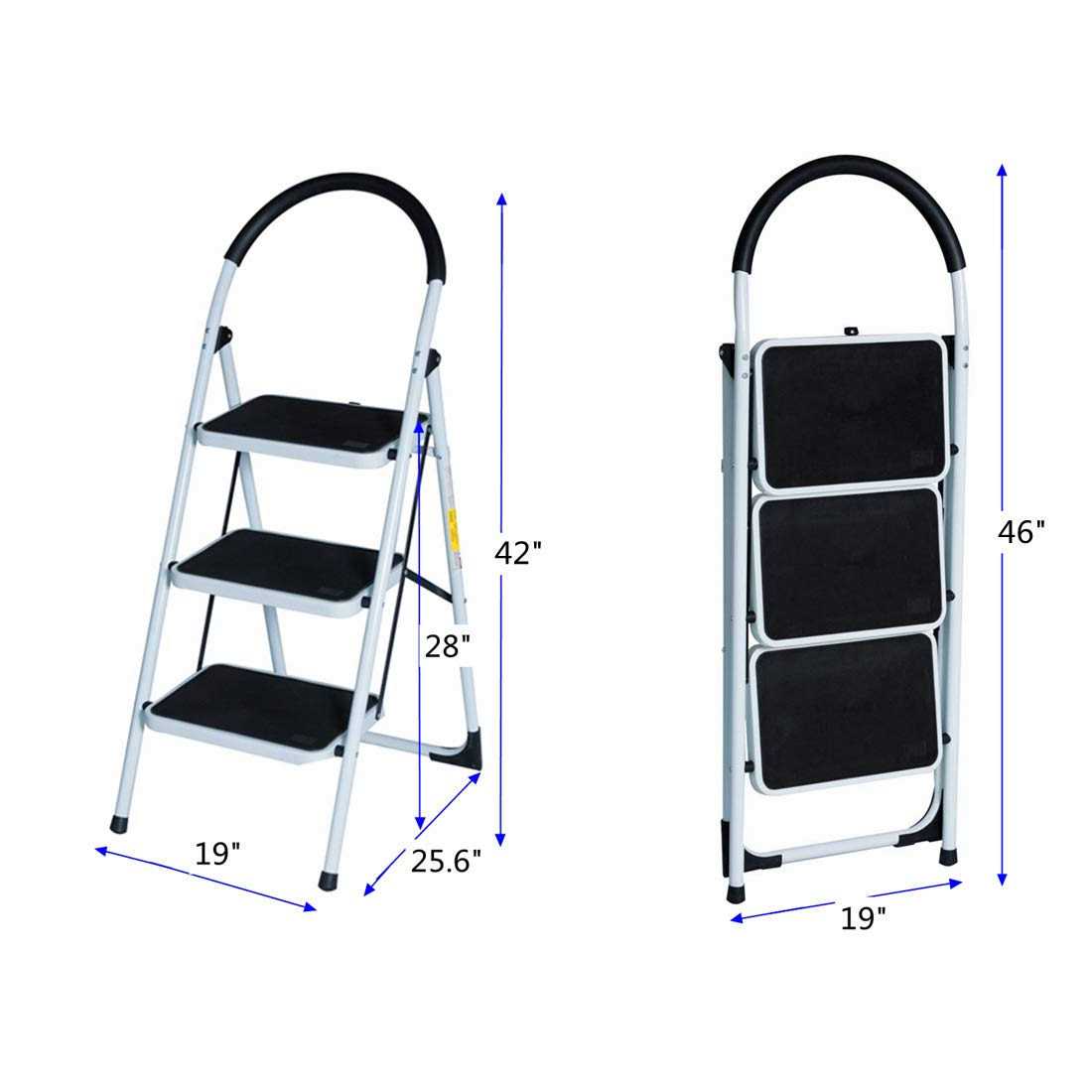 GOOD LIFE USA Good Life EN131 Folding 3 Step Ladder Home Depot Steel, Lightweight 300 lb Capacity with Hand Grip Anti-Slip and Wide Pedal - Cheap Fitting